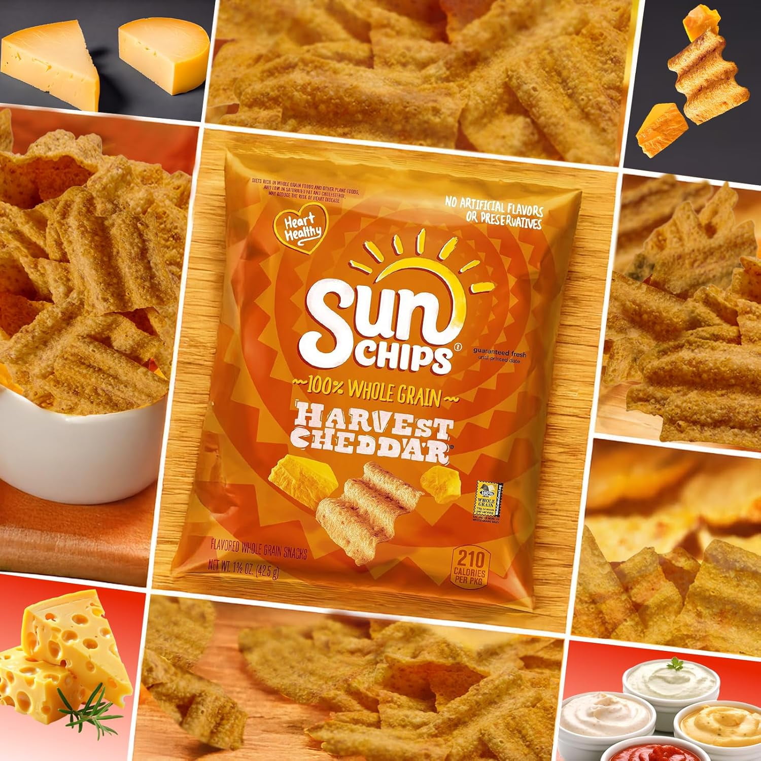 SunChips Harvest Cheddar Multigrain Snacks, 1.5oz Bags, Pack of 12