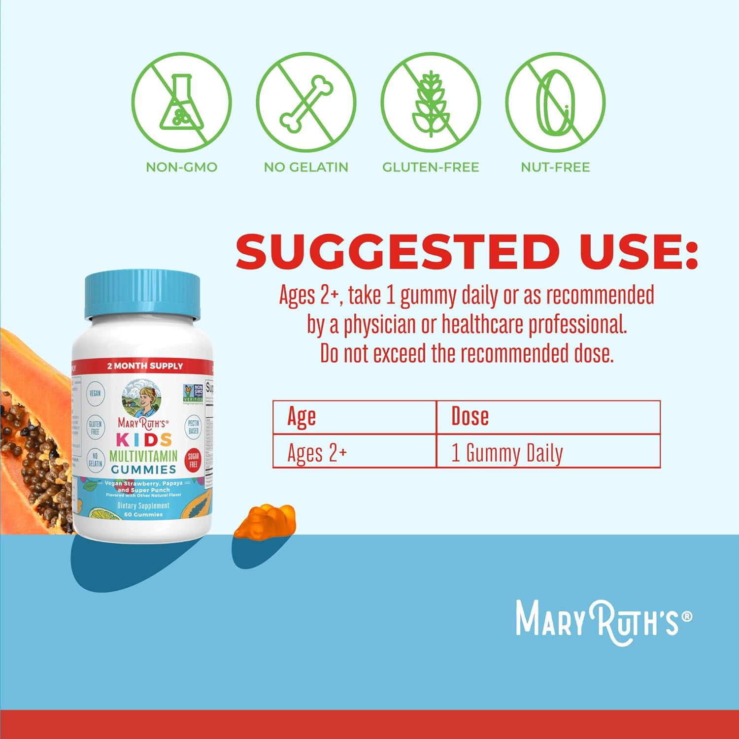 MaryRuth's Kids Multivitamin Gummies - 60 Count, Gluten-Free, Vegan