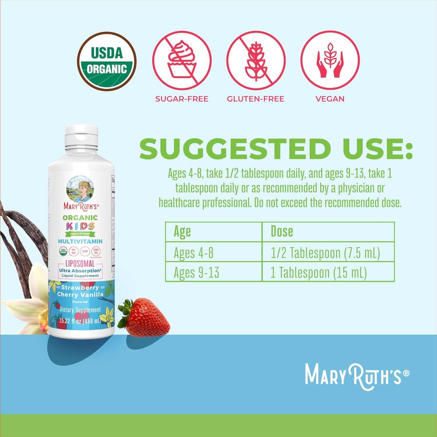 MaryRuth's Kids Sugar-Free Multivitamin Gummies 2-Month Supply, Ages 2+, Vegan, 60 Count