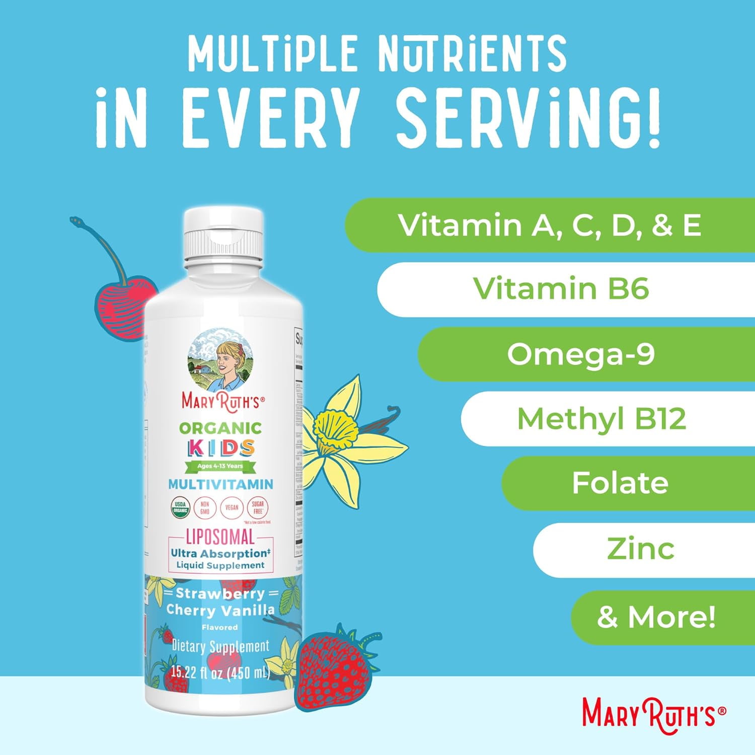 MaryRuth's Kids Sugar-Free Multivitamin Gummies 2-Month Supply, Ages 2+, Vegan, 60 Count