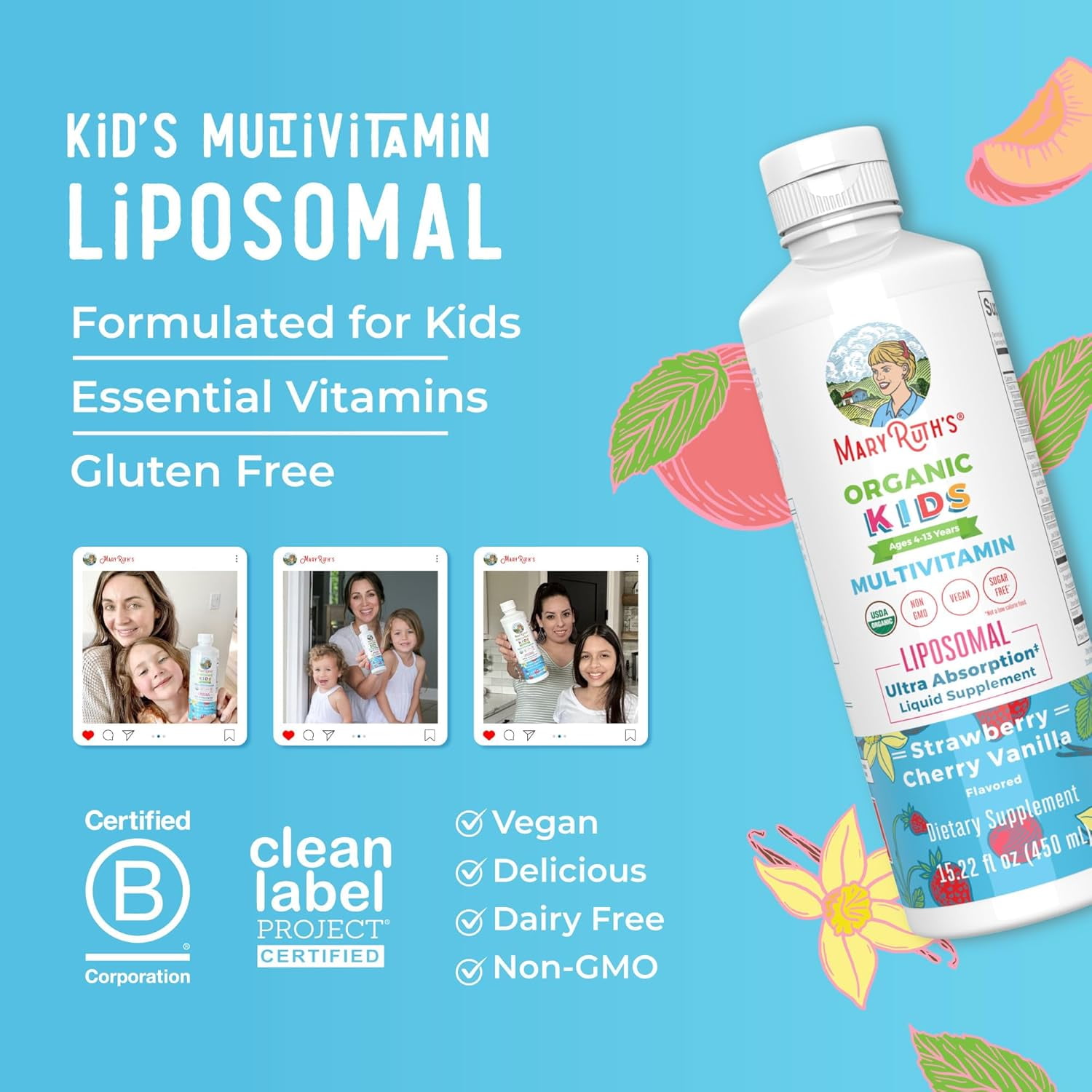 MaryRuth's Kids Sugar-Free Multivitamin Gummies 2-Month Supply, Ages 2+, Vegan, 60 Count
