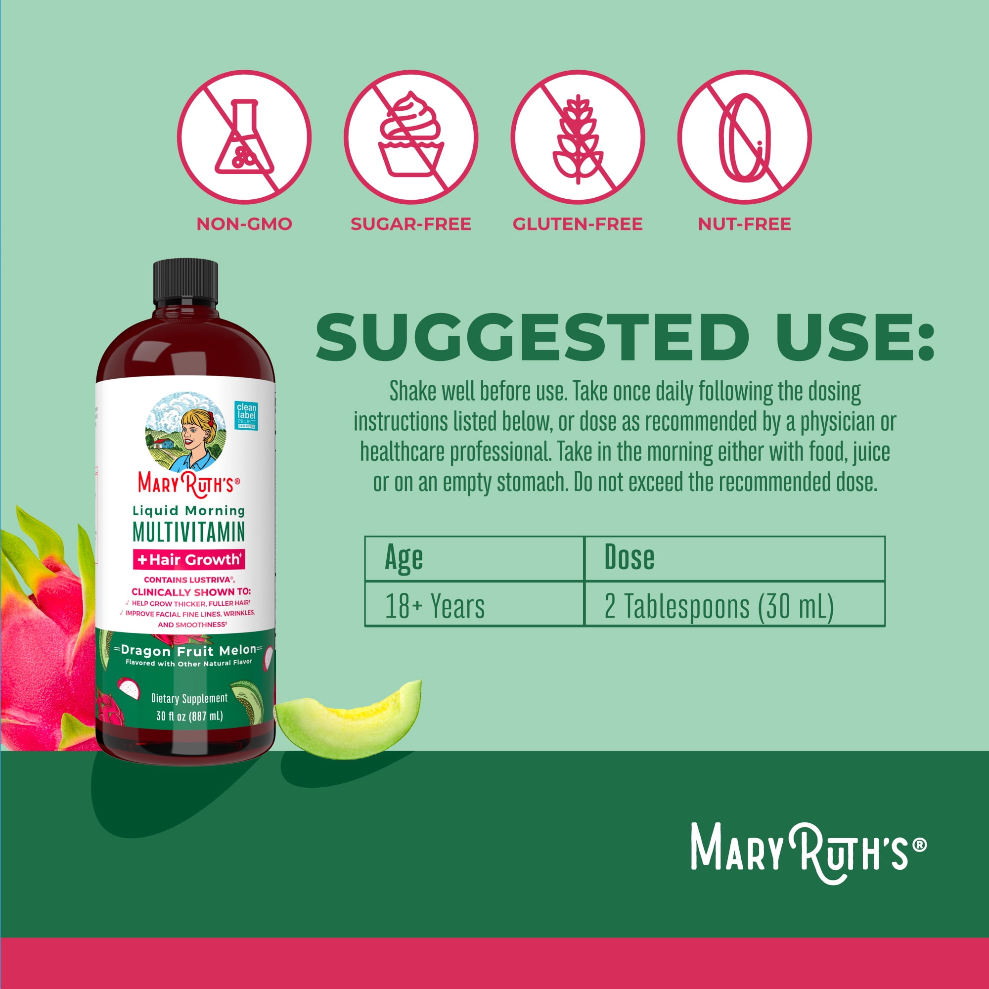 MaryRuth's Liquid Multivitamin with Lustriva® Hair Growth Formula - Dragonfruit Melon 30 fl oz