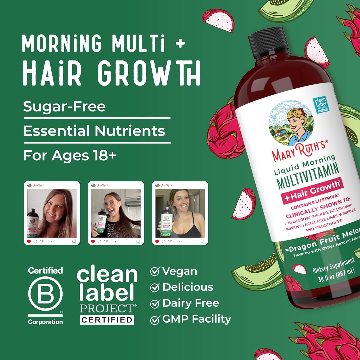 MaryRuth's Liquid Multivitamin with Lustriva® Hair Growth Formula - Dragonfruit Melon 30 fl oz