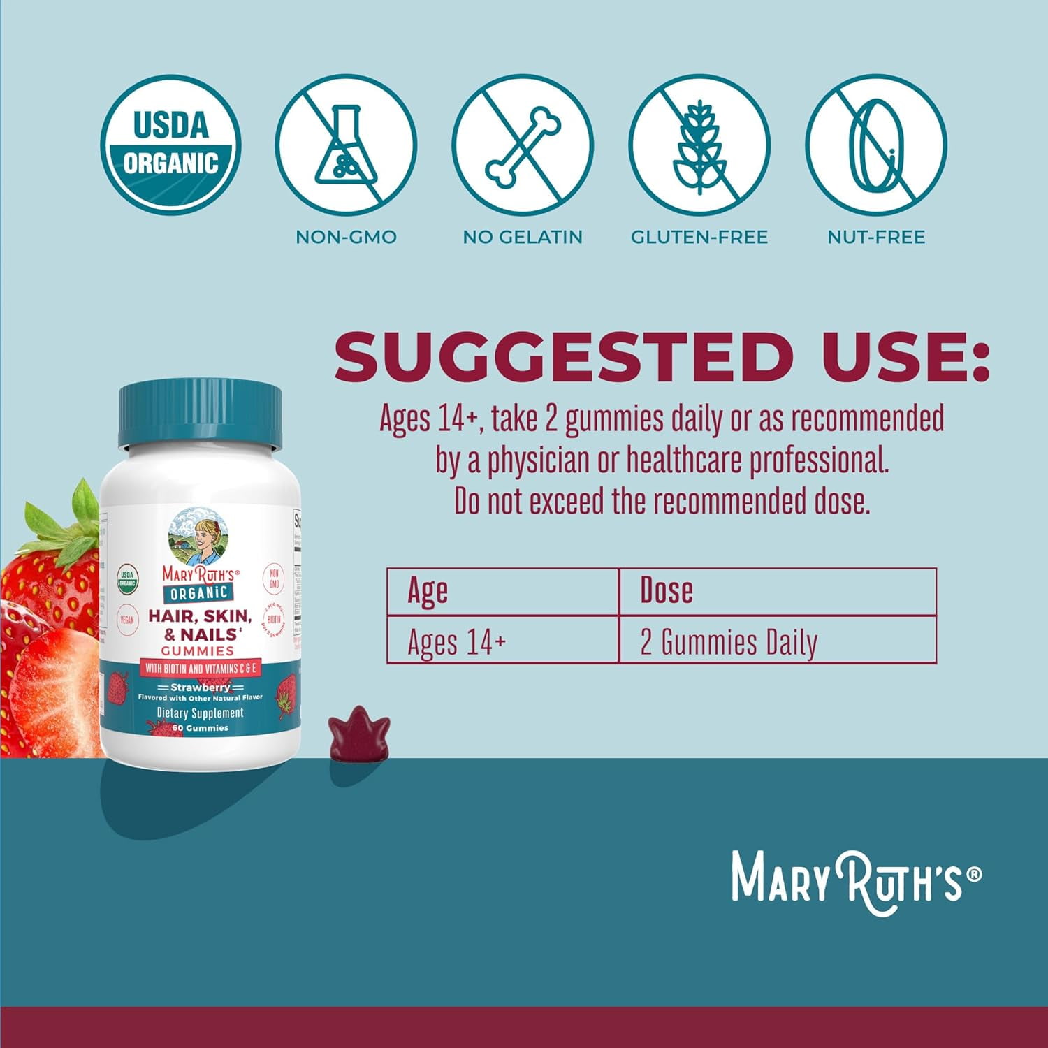 MaryRuth's Organic Hair Skin Nails Biotin Gummies for Hair Growth & Nail Strength - 60 Count