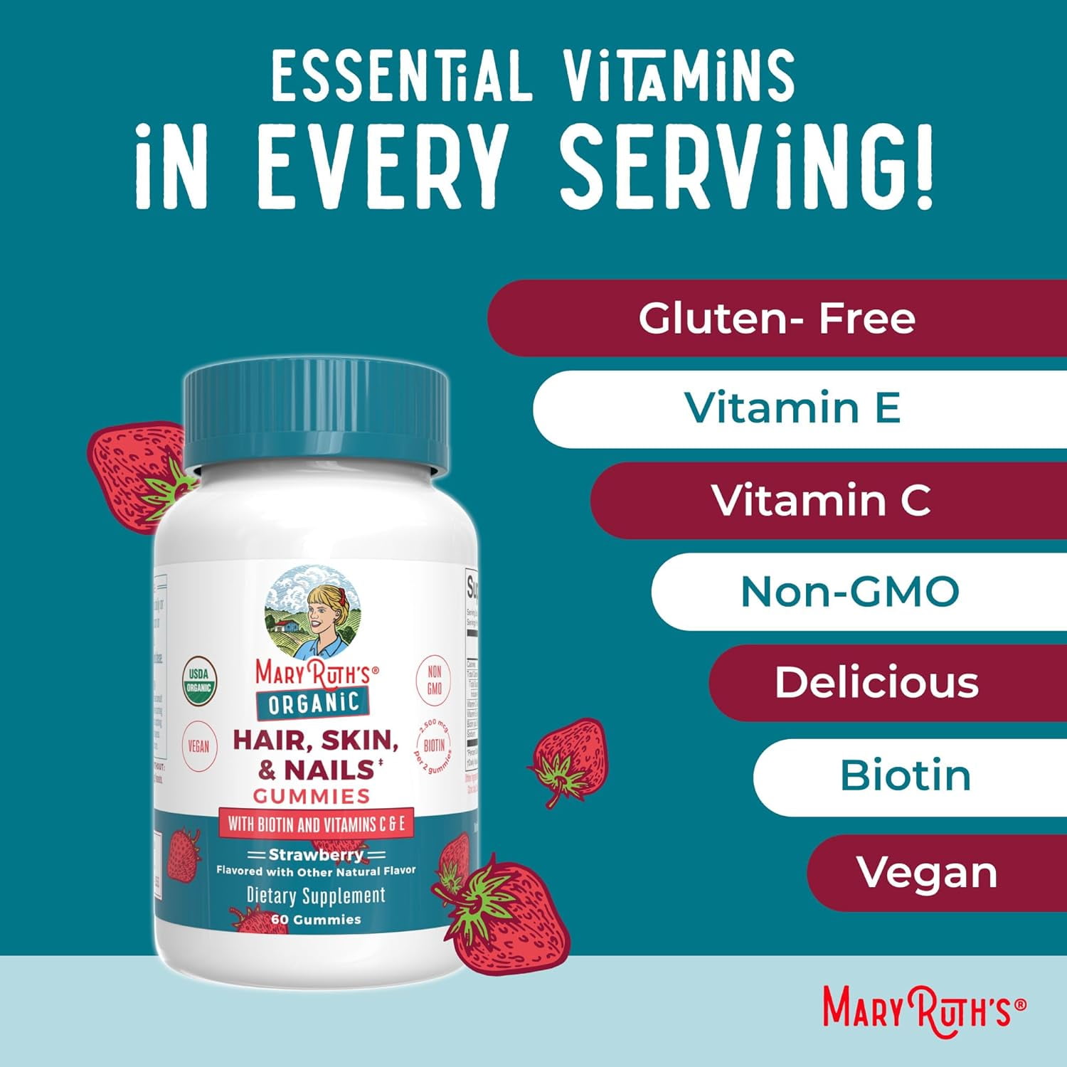 MaryRuth's Organic Hair Skin Nails Biotin Gummies for Hair Growth & Nail Strength - 60 Count