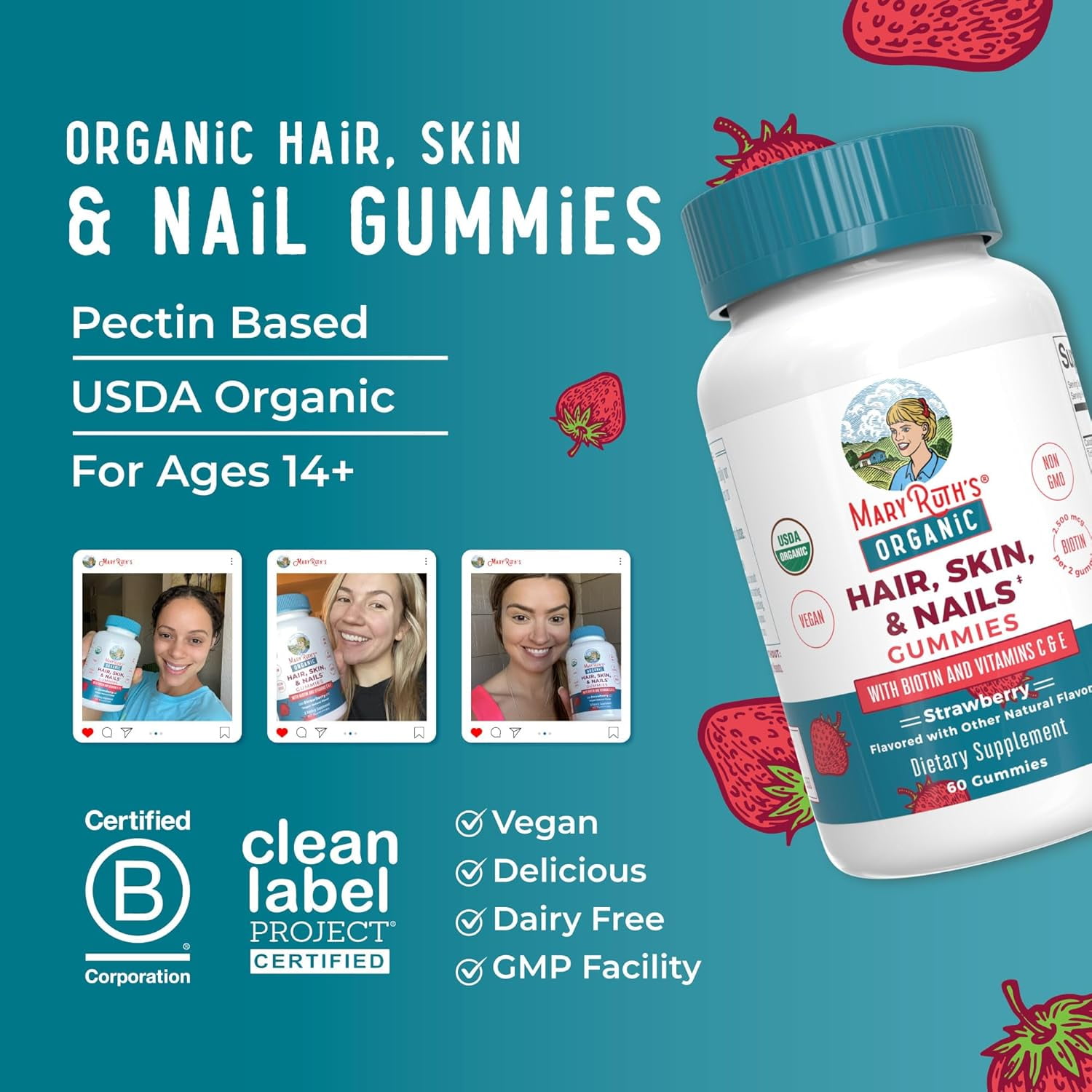 MaryRuth's Organic Hair Skin Nails Biotin Gummies for Hair Growth & Nail Strength - 60 Count