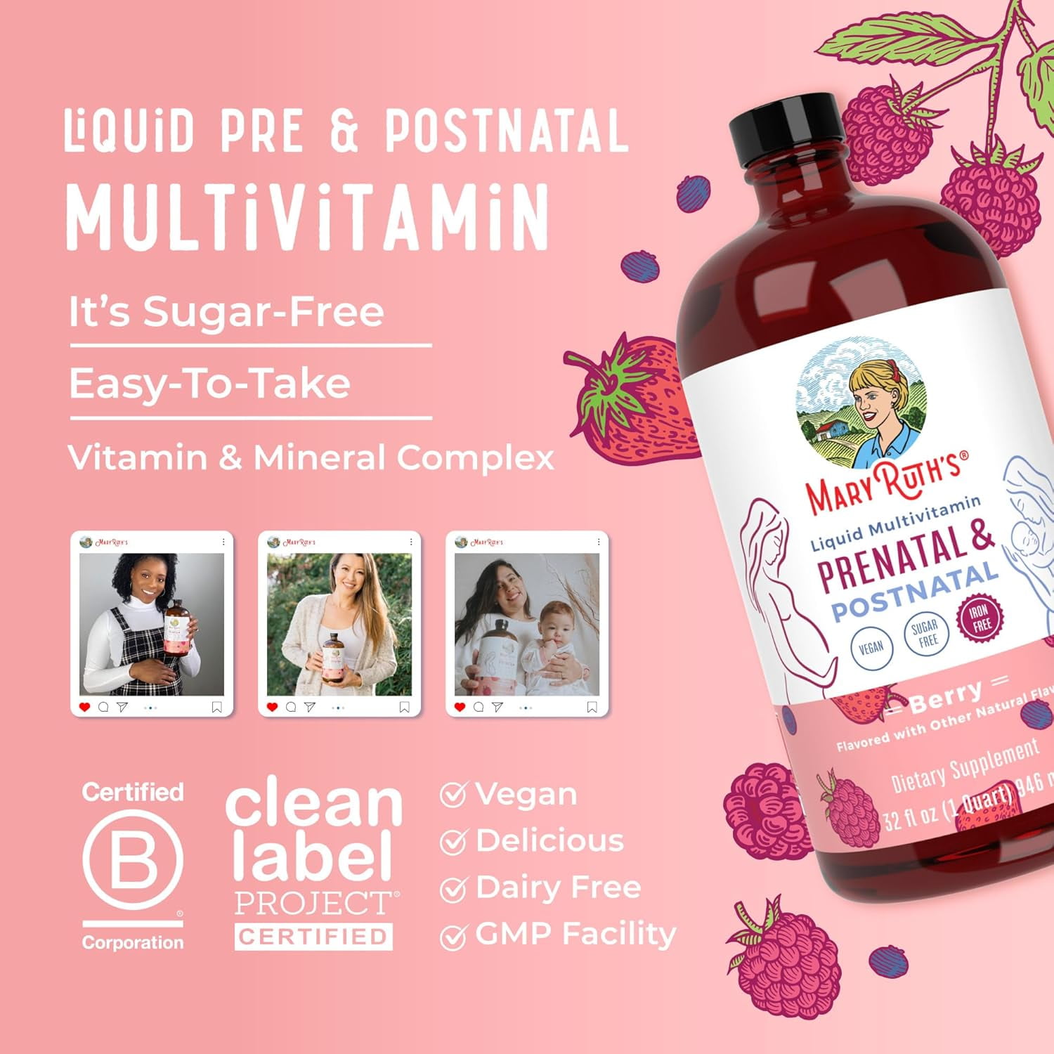 MaryRuth's Organic Prenatal & Postnatal Liquid Multivitamin for Pregnant & Lactating Women - Berry Flavor - 32 fl oz