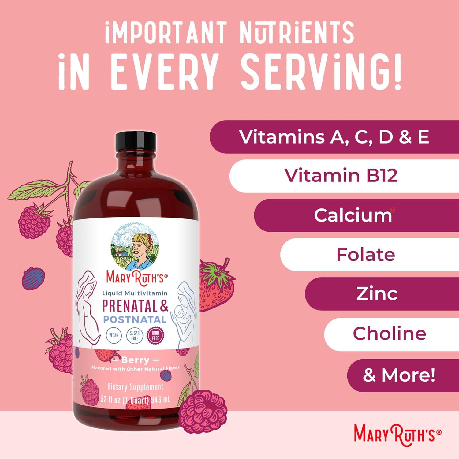 MaryRuth's Organic Prenatal & Postnatal Liquid Multivitamin for Pregnant & Lactating Women - Berry Flavor - 32 fl oz