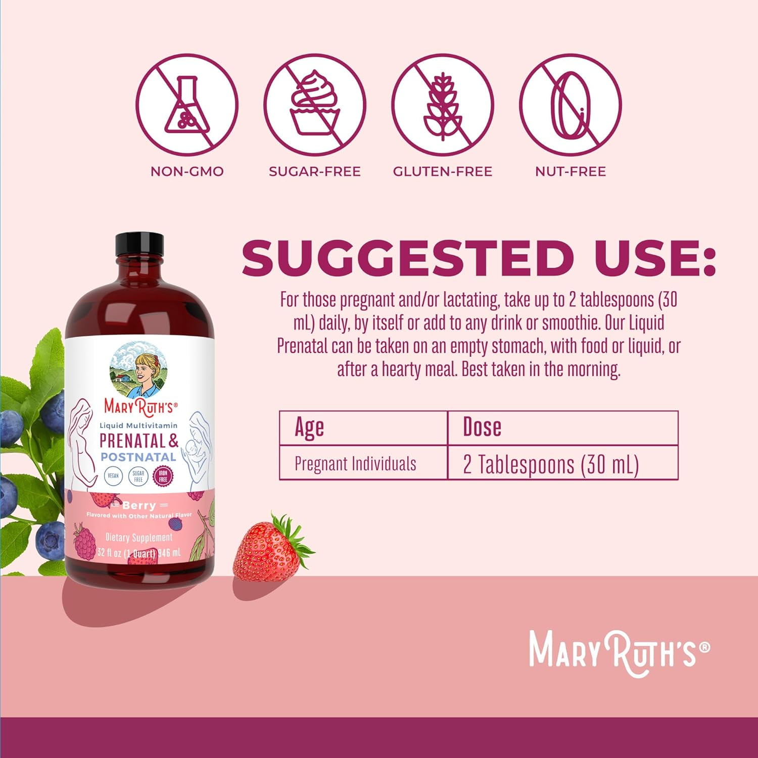 MaryRuth's Organic Prenatal & Postnatal Liquid Multivitamin for Pregnant & Lactating Women - Berry Flavor - 32 fl oz