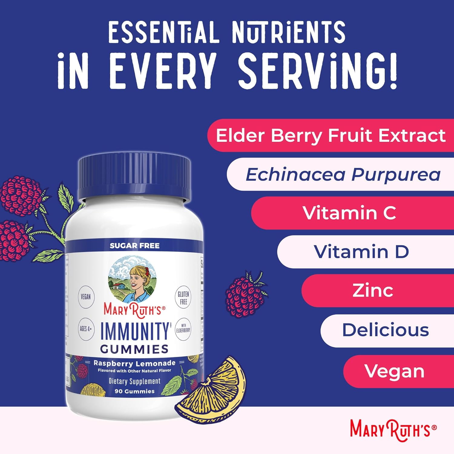 MaryRuth's Immunity Gummies: Elderberry, Echinacea, Zinc, Vitamin D - 90 Count
