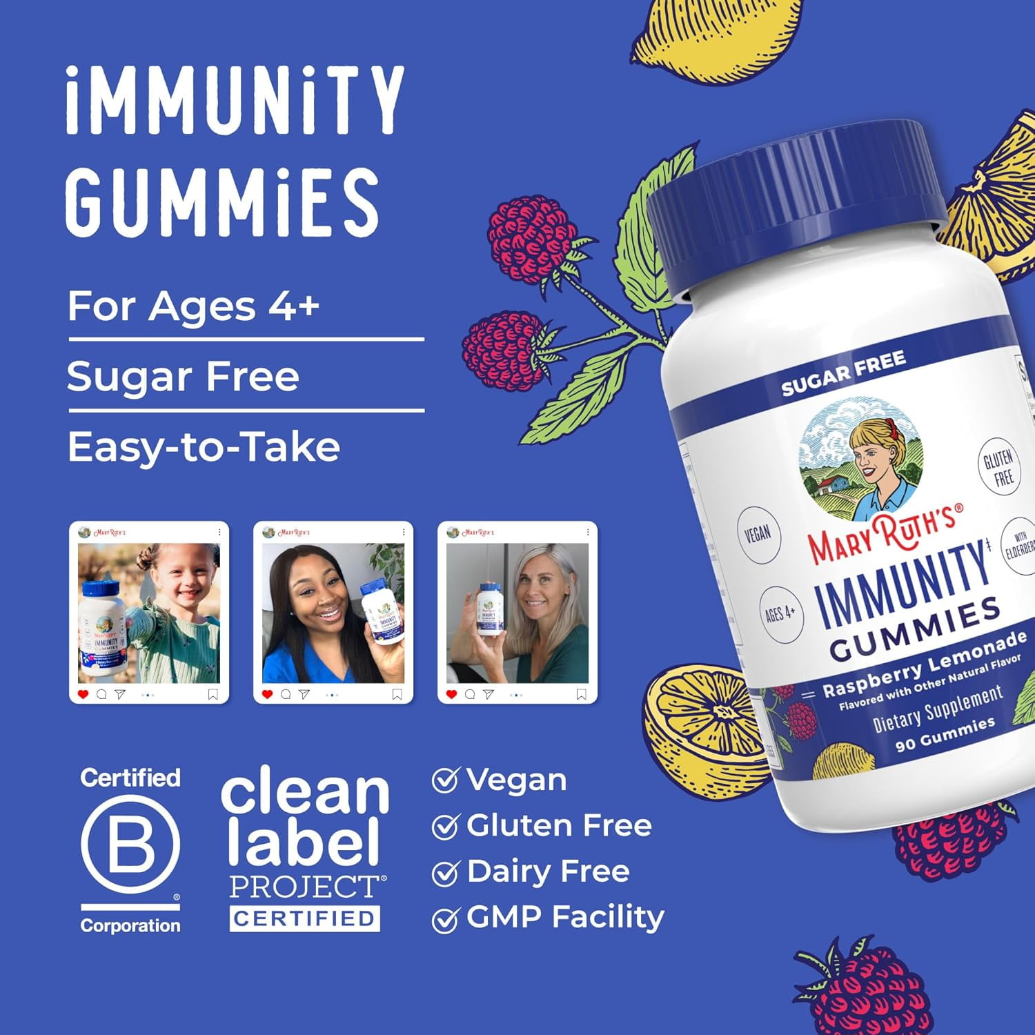 MaryRuth's Immunity Gummies: Elderberry, Echinacea, Zinc, Vitamin D - 90 Count