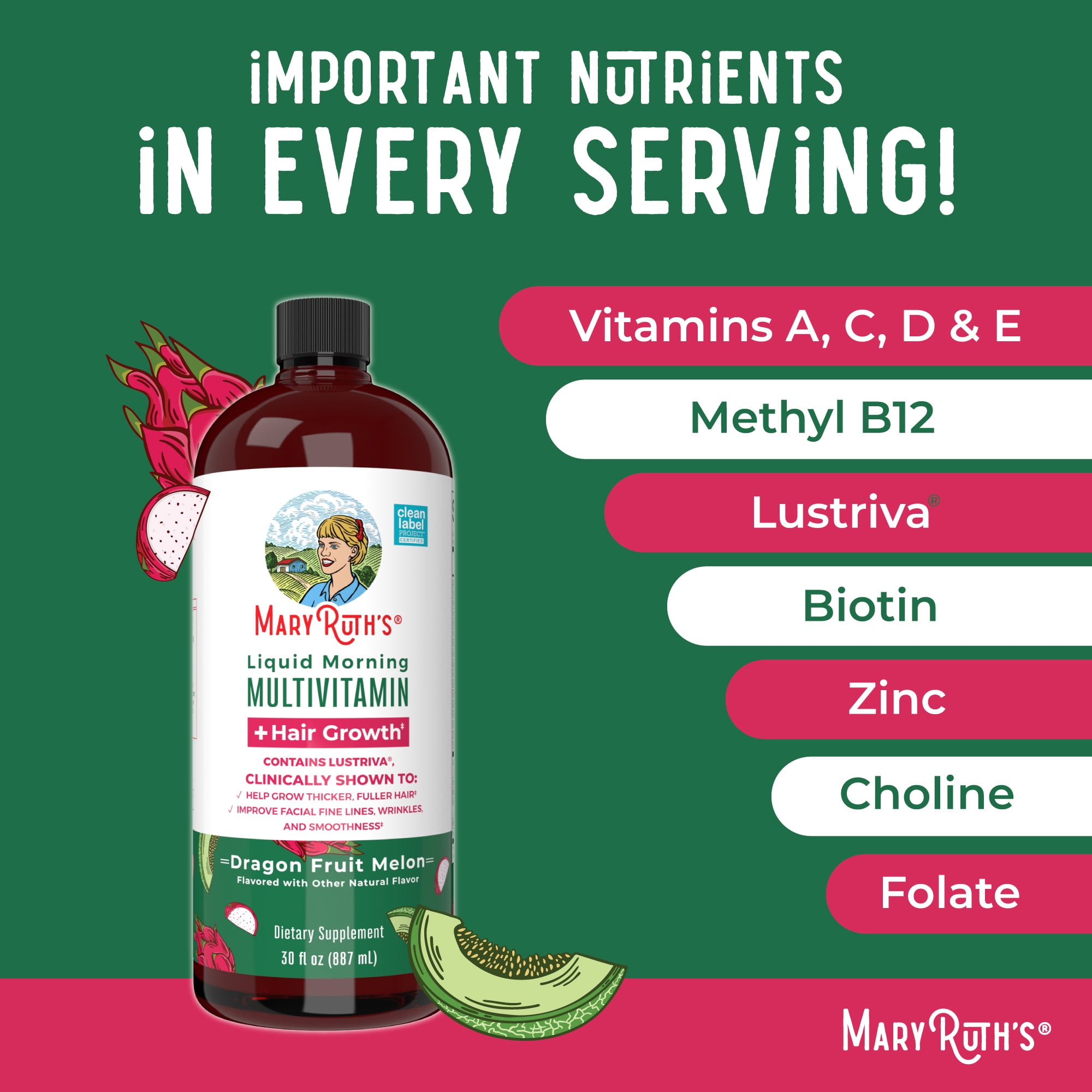 MaryRuth's Liquid Multivitamin with Lustriva® Hair Growth Formula for Women - Biotin, Vitamin D, B Vitamins - Dragonfruit Melon 30 fl oz