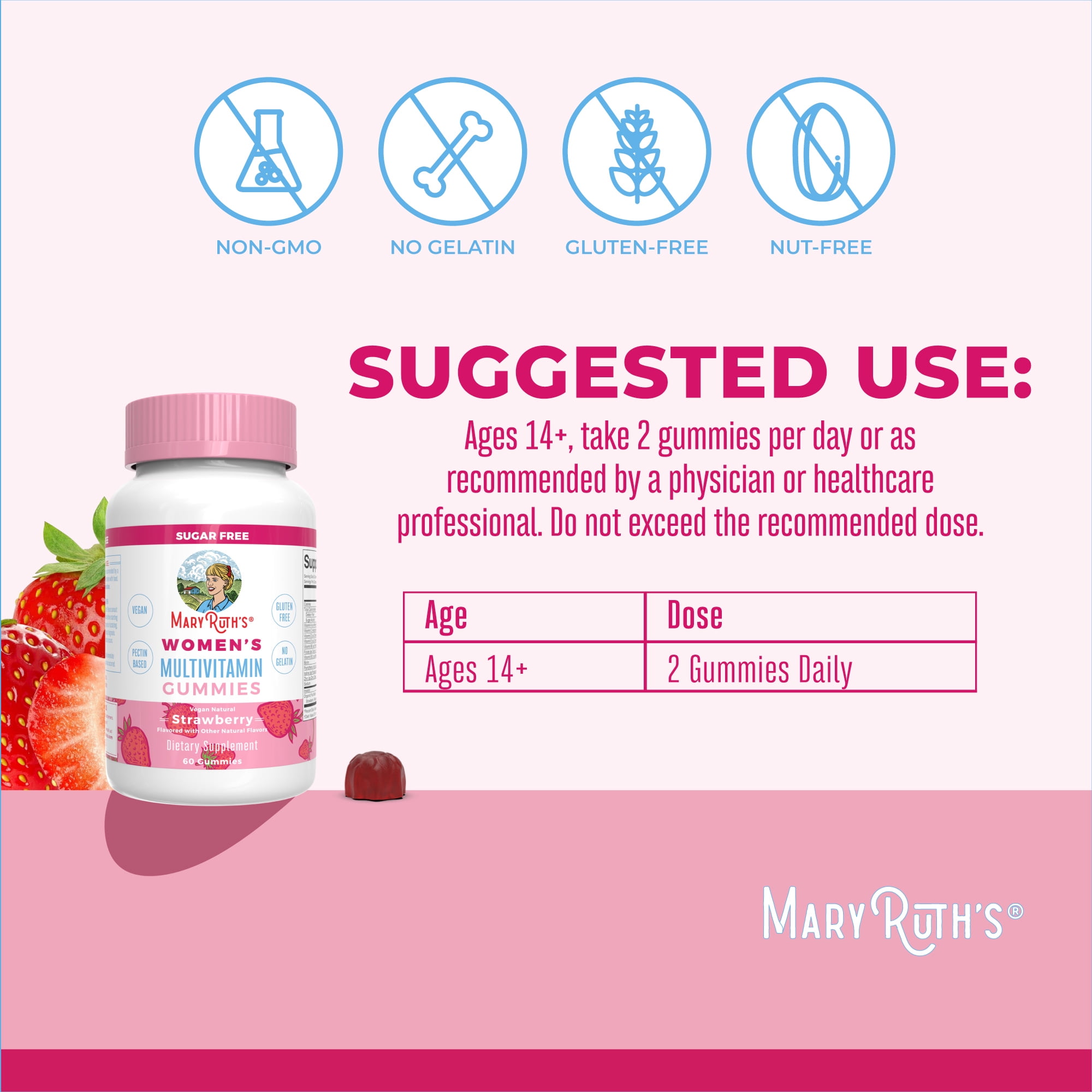MaryRuth's Vegan Women's Multivitamin Gummies - Strawberry Flavor - 60 Count