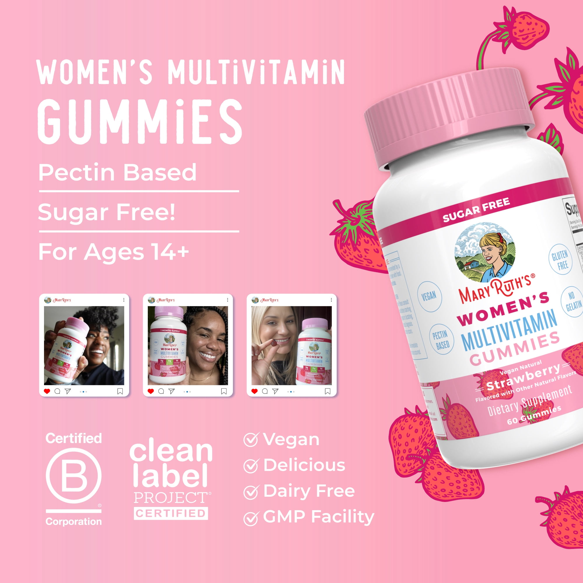 MaryRuth's Vegan Women's Multivitamin Gummies - Strawberry Flavor - 60 Count