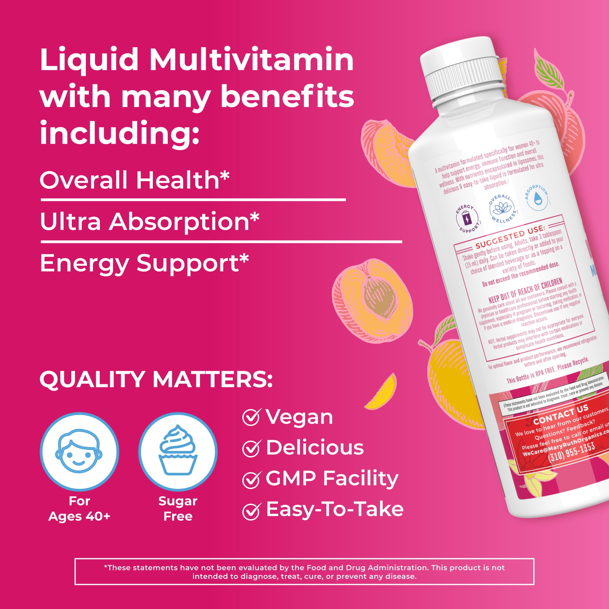 MaryRuth's Women's Multivitamin Liquid 40+ Vanilla Peach 15.22 Fl Oz