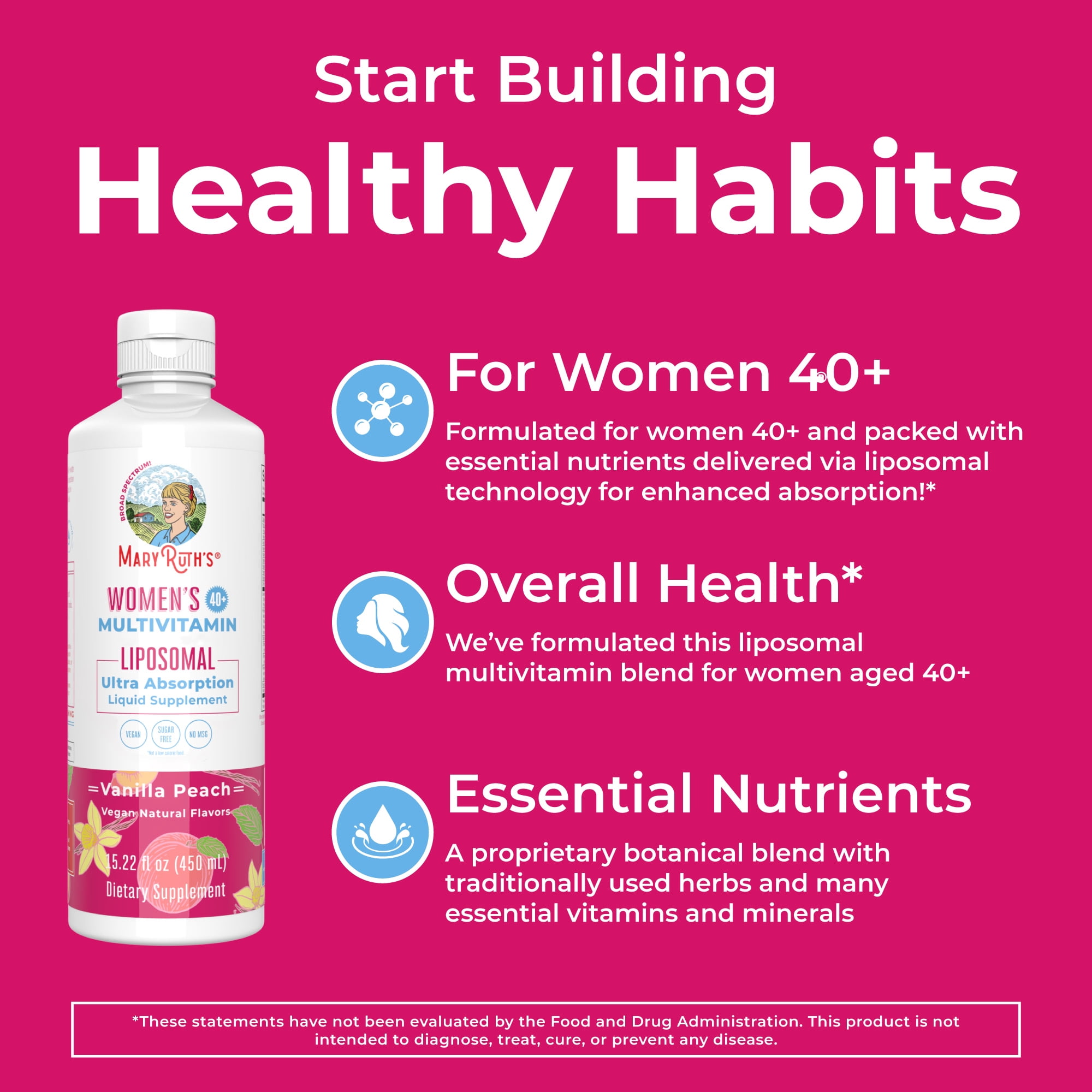 MaryRuth's Women's Multivitamin Liquid 40+ Vanilla Peach 15.22 Fl Oz