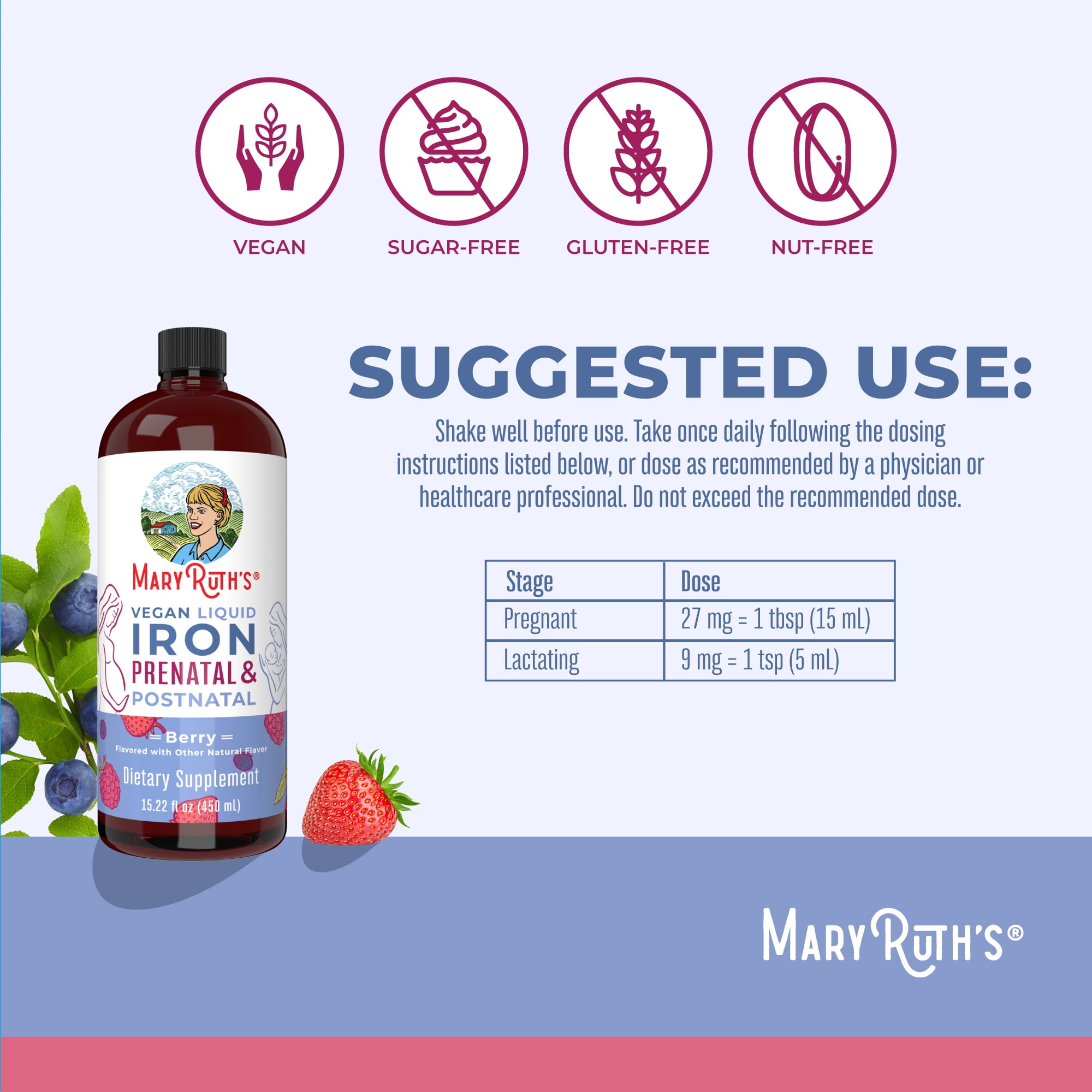 MaryRuth's Berry Prenatal Postnatal Iron Liquid Supplement - 15.22 oz