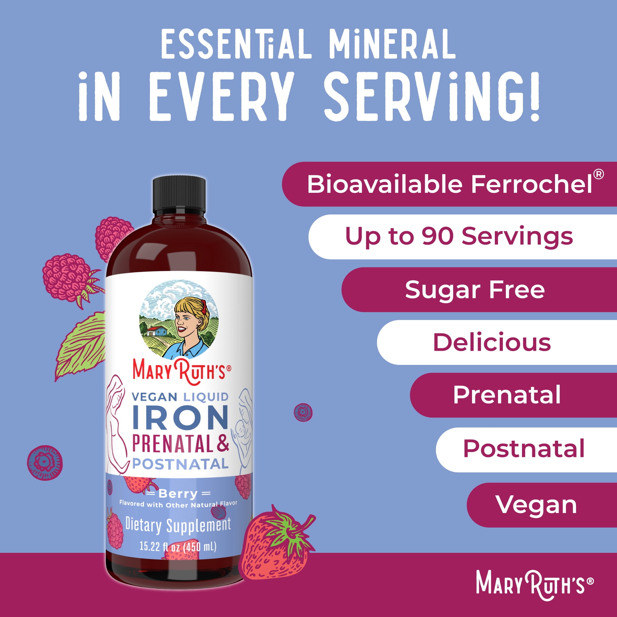 MaryRuth's Berry Prenatal Postnatal Iron Liquid Supplement - 15.22 oz