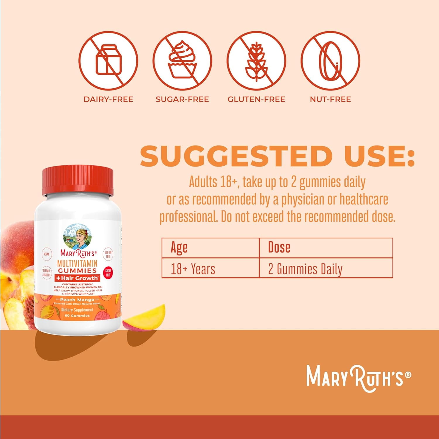MaryRuth's Multivitamin & Hair Growth Gummies, Peach Mango Flavored, 60 Count