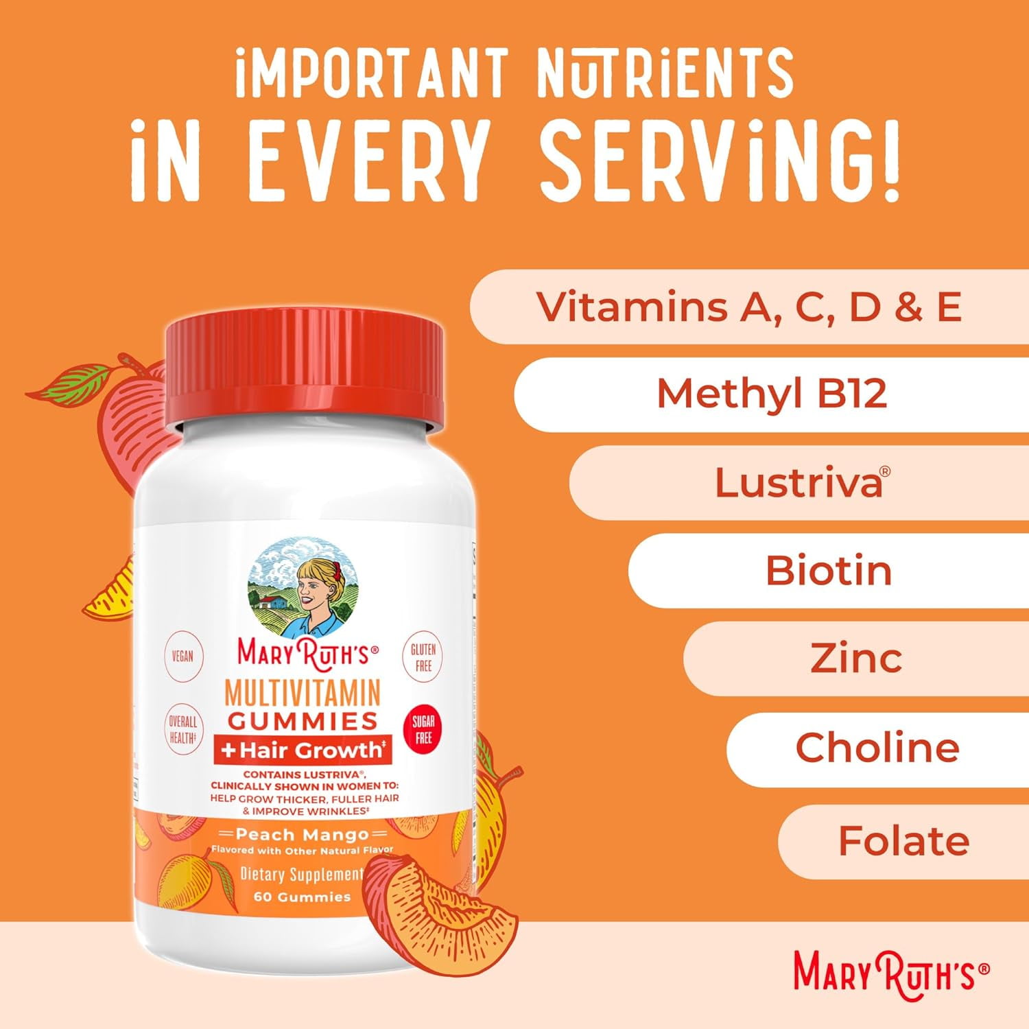 MaryRuth's Multivitamin & Hair Growth Gummies, Peach Mango Flavored, 60 Count