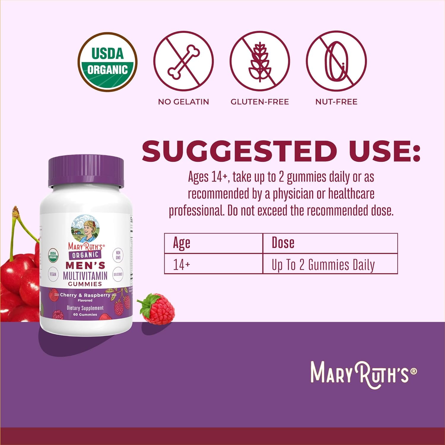 MaryRuth Men's Multivitamin Gummies - Cherry Raspberry, 60ct