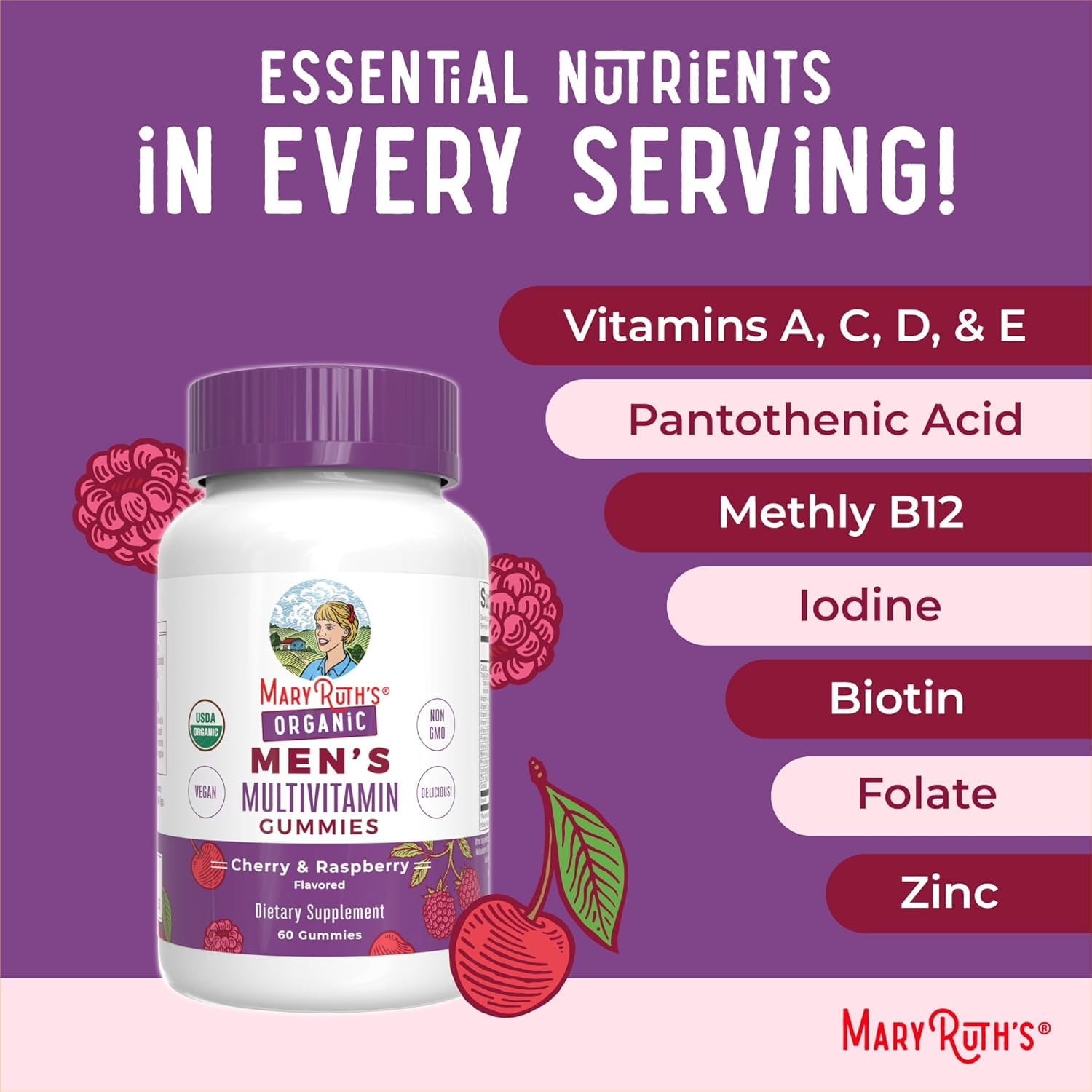 MaryRuth Men's Multivitamin Gummies - Cherry Raspberry, 60ct