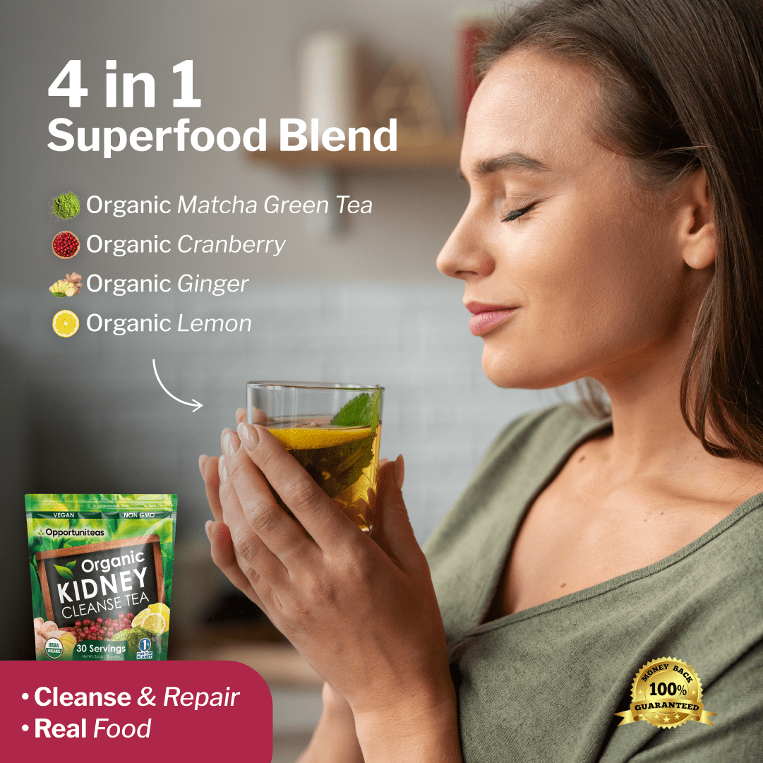 Opportuniteas Organic Kidney Cleanse Tea with Matcha, Cranberry, Lemon & Ginger - Vegan & Non-GMO. 30 Servings