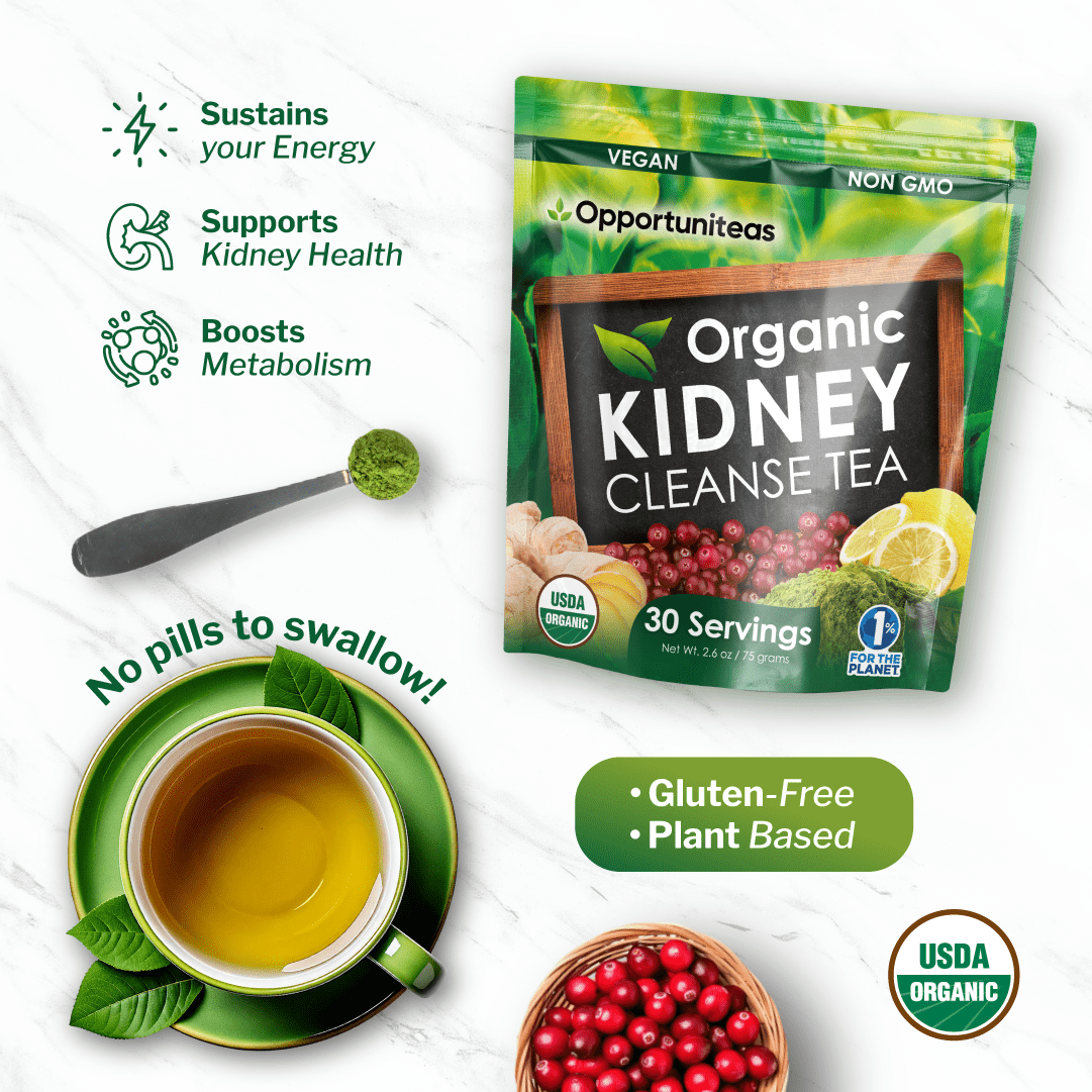 Opportuniteas Organic Kidney Cleanse Tea with Matcha, Cranberry, Lemon & Ginger - Vegan & Non-GMO. 30 Servings