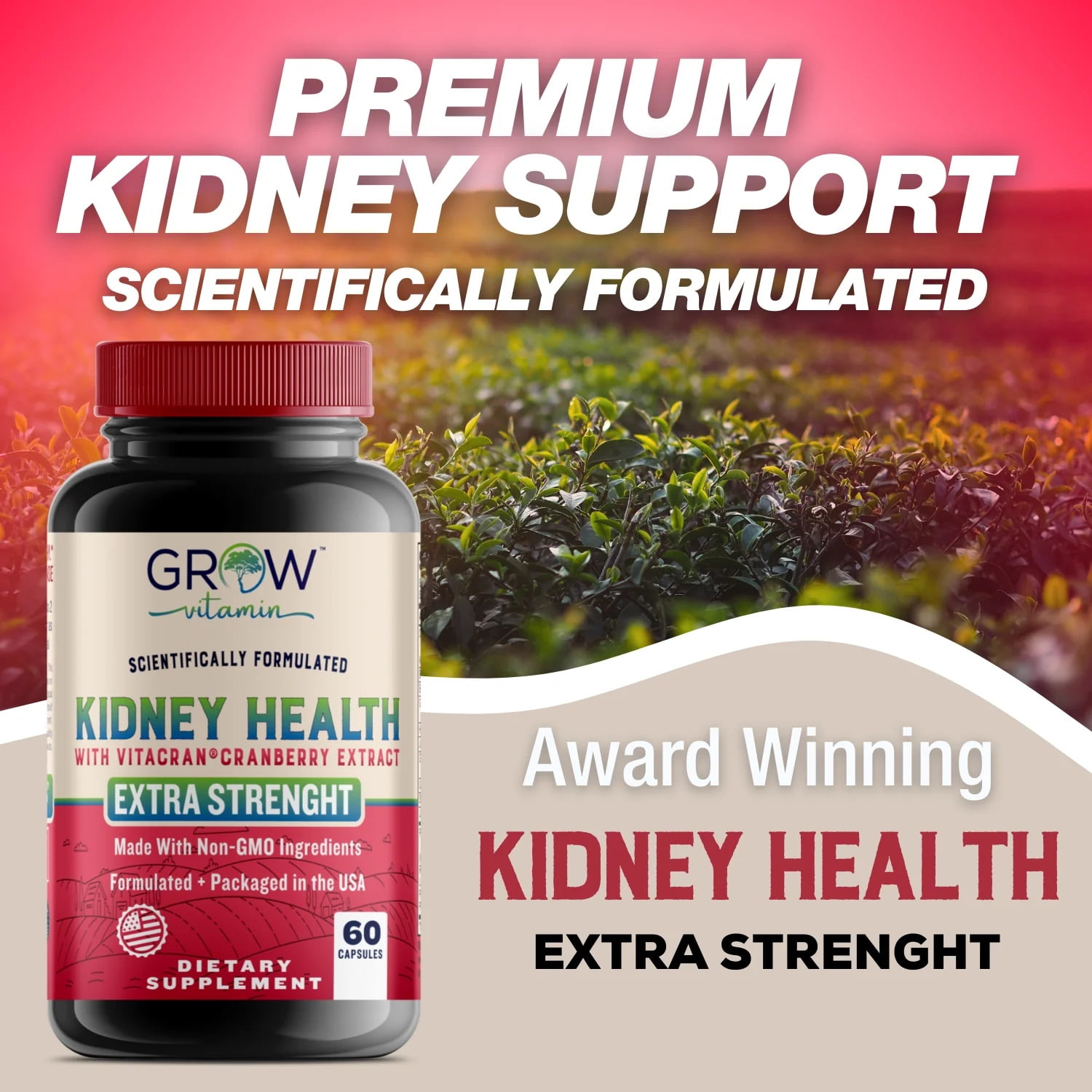 Grow Vitamin Organic Kidney Health Supplement with Cranberry & Astragalus - 60 Caps