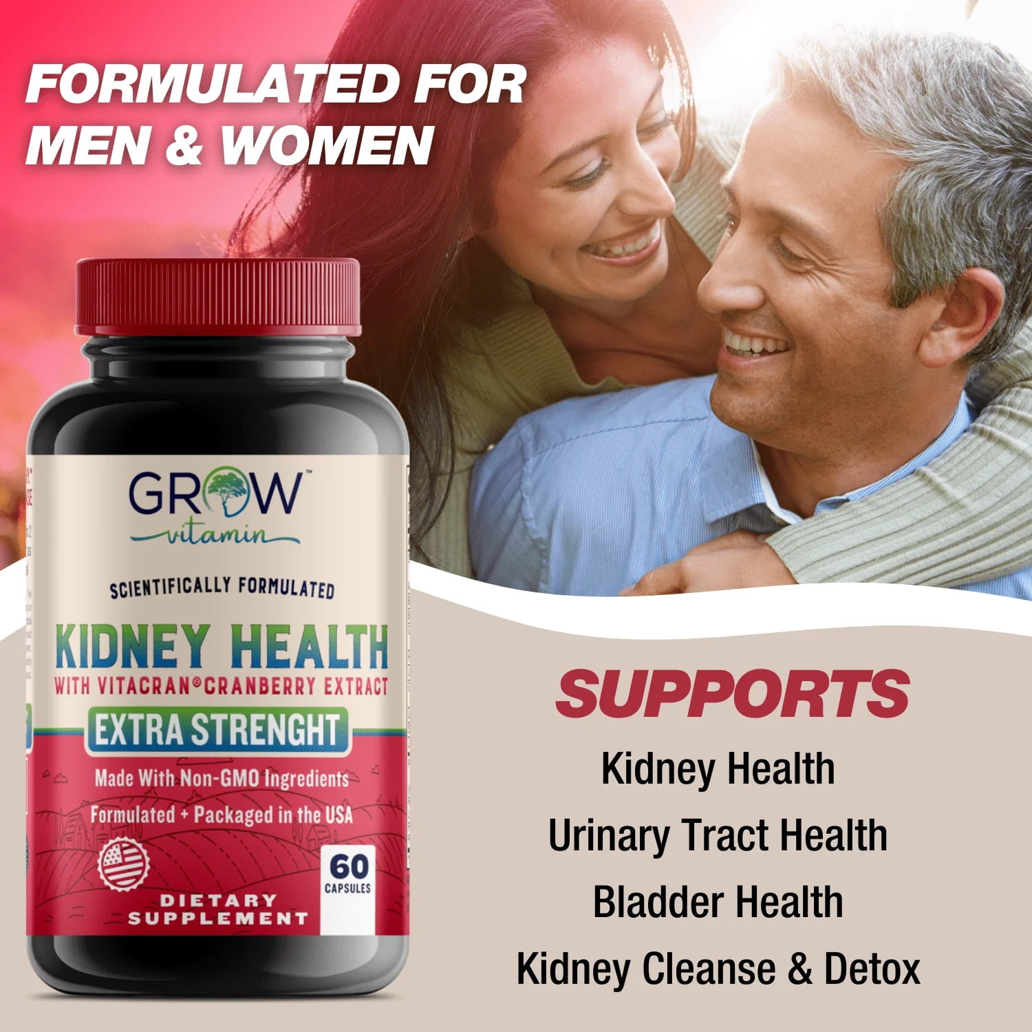 Grow Vitamin Organic Kidney Health Supplement with Cranberry & Astragalus - 60 Caps