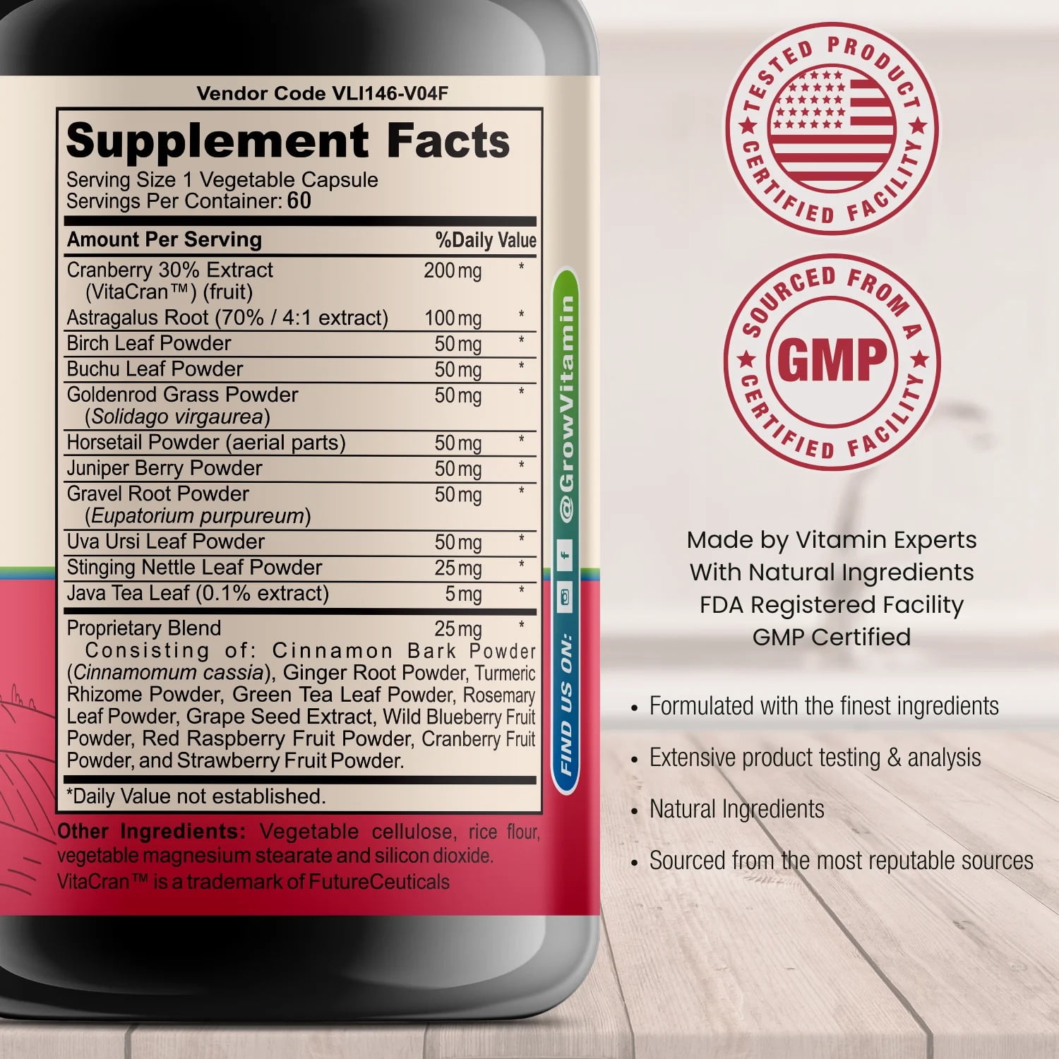 Grow Vitamin Organic Kidney Health Supplement with Cranberry & Astragalus - 60 Caps