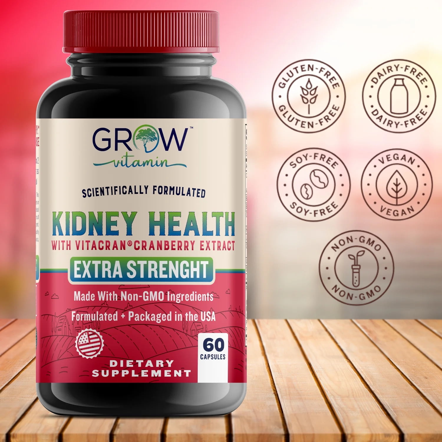 Grow Vitamin Organic Kidney Health Supplement with Cranberry & Astragalus - 60 Caps