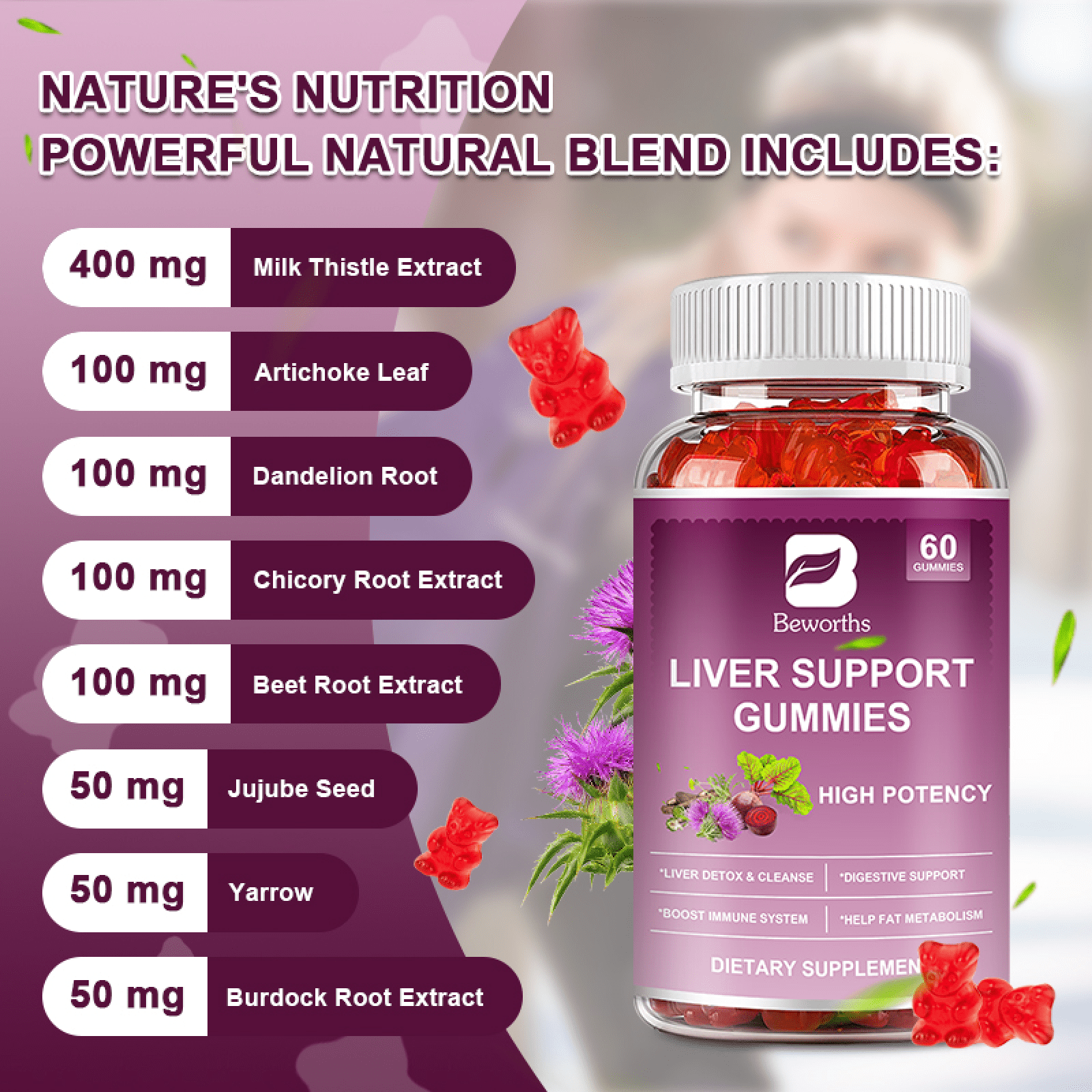 Beworths Liver Support Gummies with Milk Thistle Extract - Cleanse, Detox & Repair - 60 Gummies