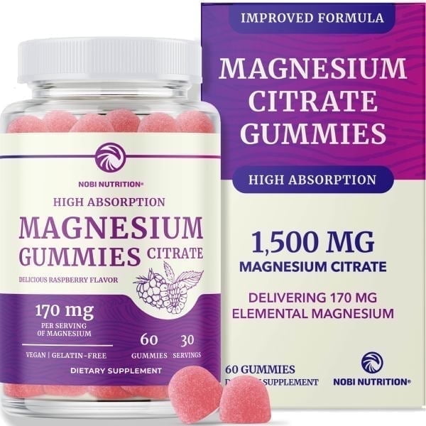 Nobi Nutrition Extra Strength Magnesium Citrate Gummies for Calm & Digestion | Vegan Raspberry Flavor | 60 Ct