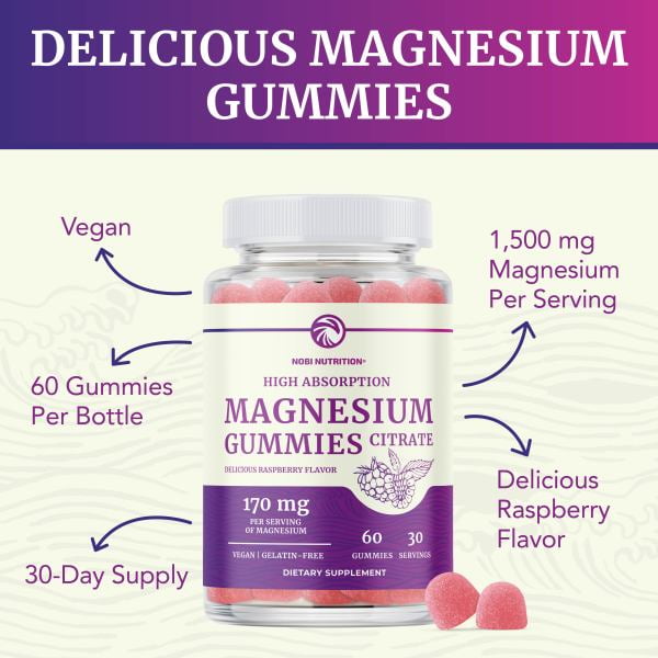 Nobi Nutrition Extra Strength Magnesium Citrate Gummies for Calm & Digestion | Vegan Raspberry Flavor | 60 Ct