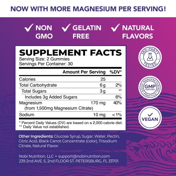 Nobi Nutrition Extra Strength Magnesium Citrate Gummies for Calm & Digestion | Vegan Raspberry Flavor | 60 Ct