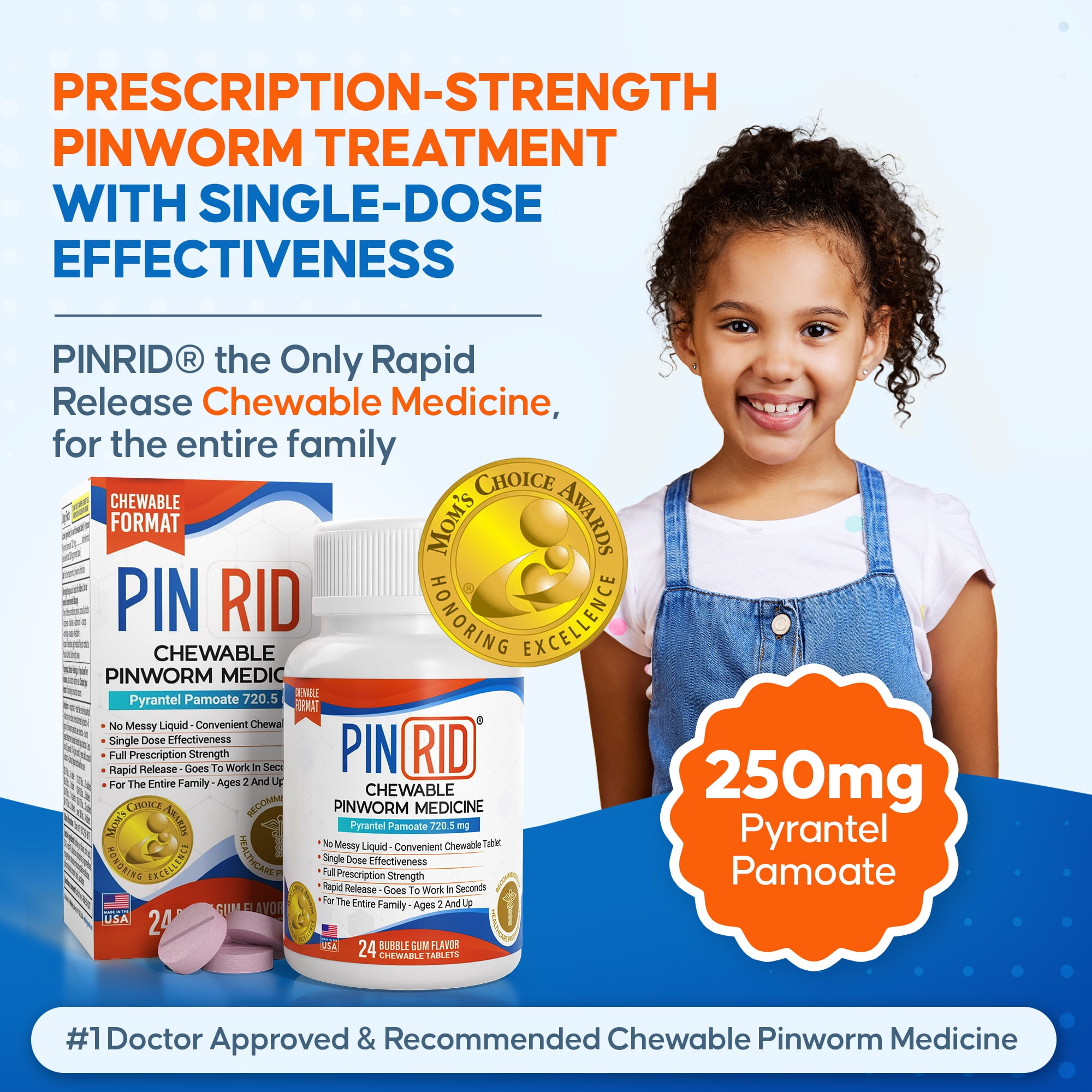 Pin-Rid Pinworm Treatment Pyrantel Pamoate 250mg 24 Chewable Tablets Family Size