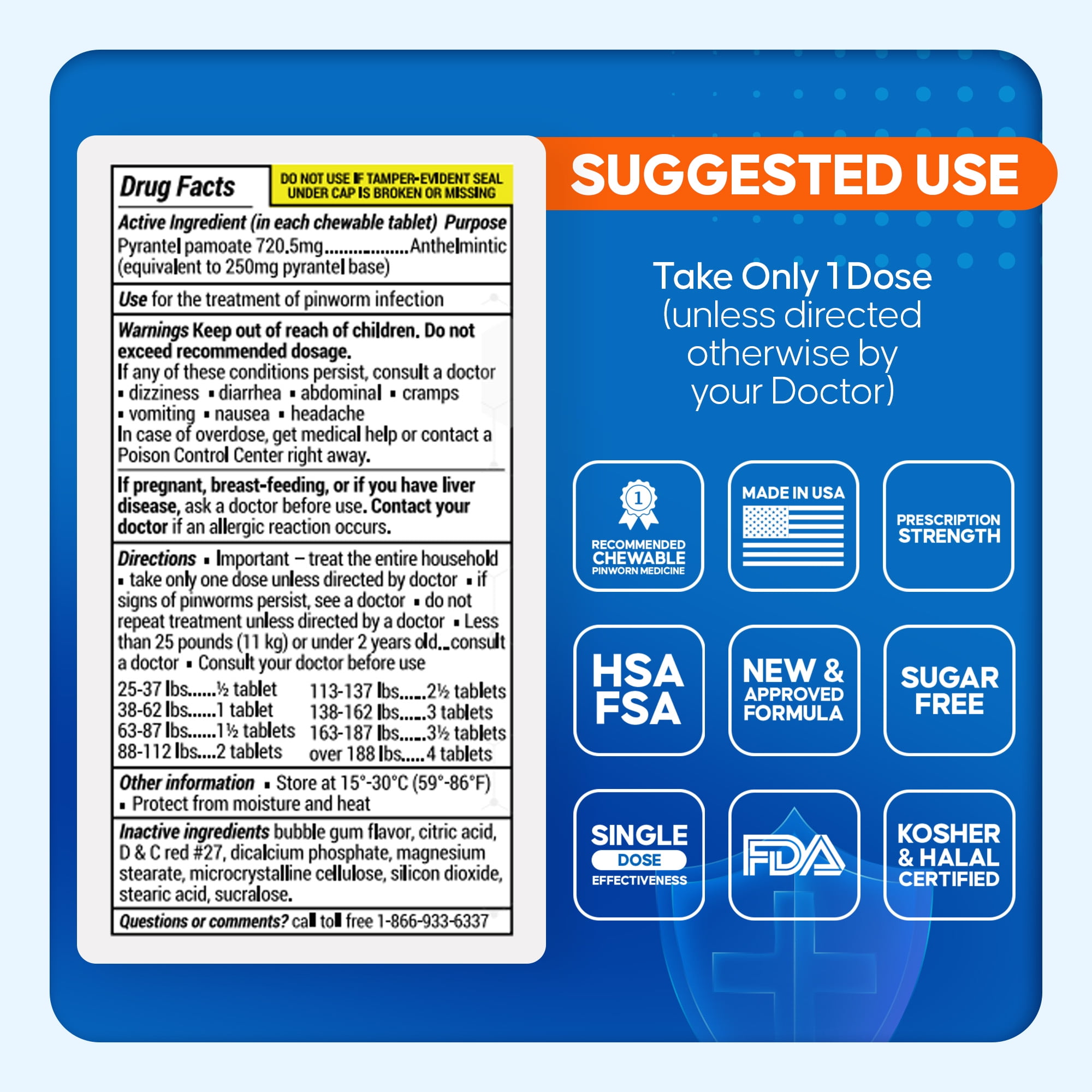 Pin-Rid Pinworm Treatment Pyrantel Pamoate 250mg 24 Chewable Tablets Family Size