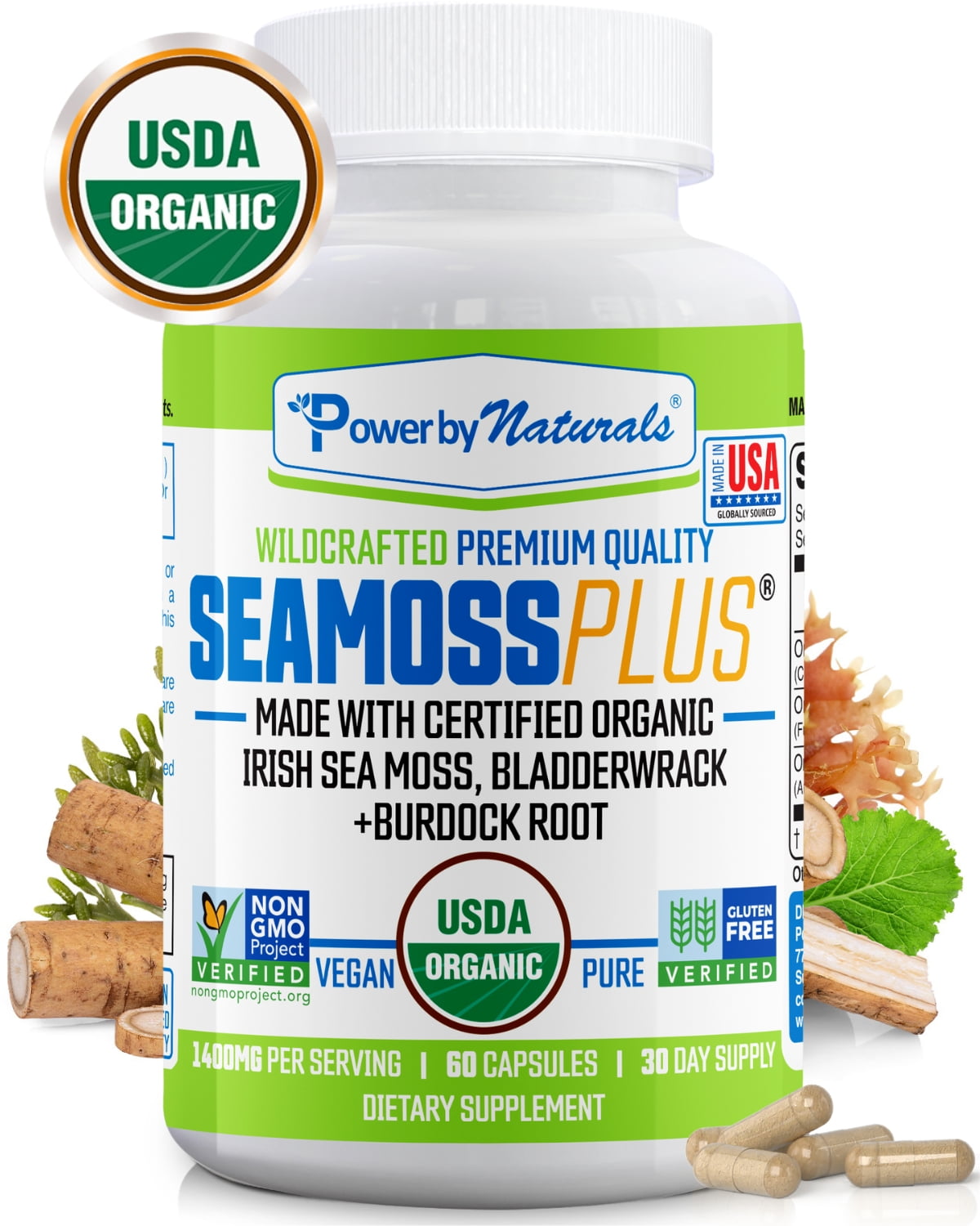 Power Organic Sea Moss, Bladderwrack & Burdock Root Supplement - Gut, Energy, Immune Support - 60 Capsules