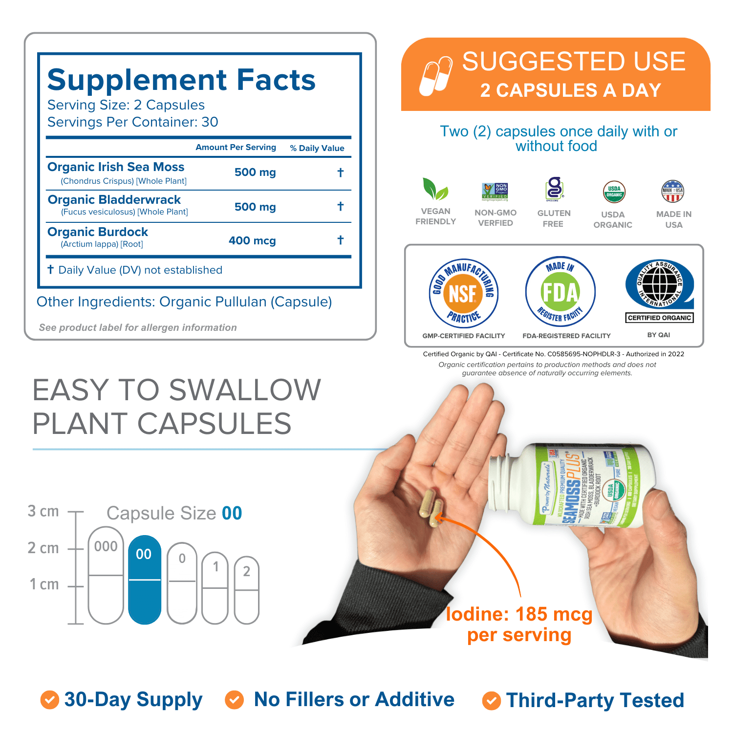 Power Organic Sea Moss, Bladderwrack & Burdock Root Supplement - Gut, Energy, Immune Support - 60 Capsules