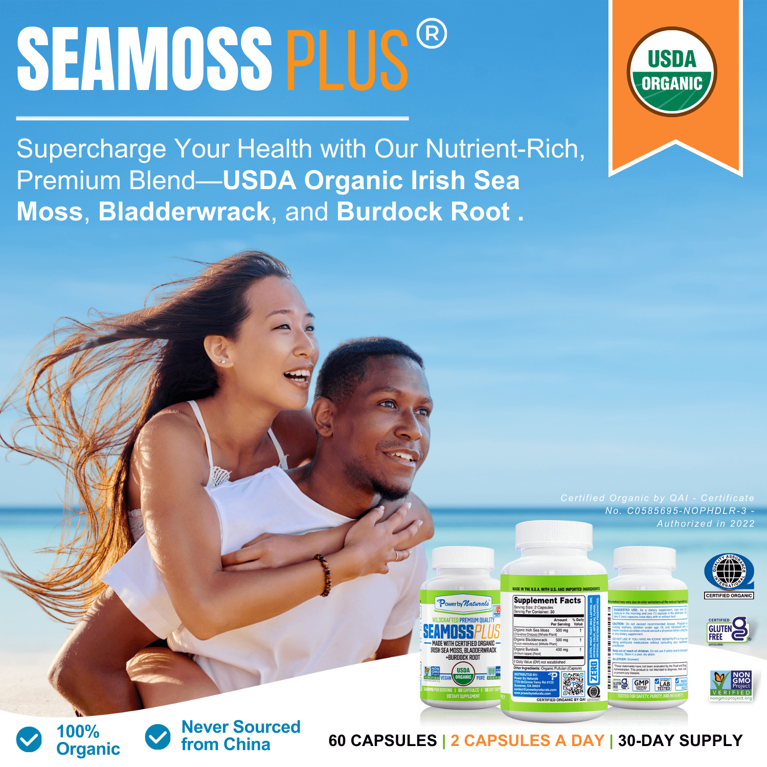 Power Organic Sea Moss, Bladderwrack & Burdock Root Supplement - Gut, Energy, Immune Support - 60 Capsules