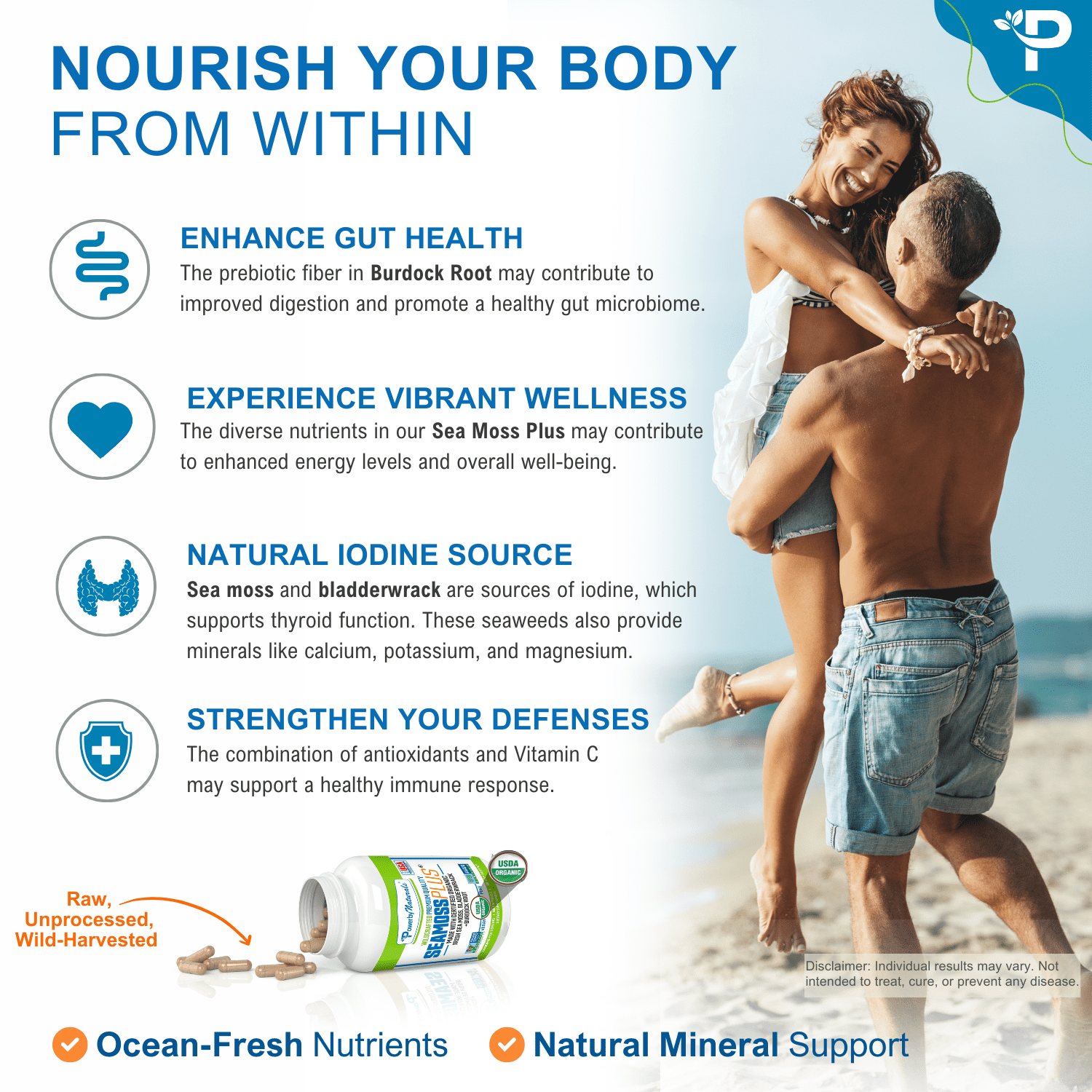 Power Organic Sea Moss, Bladderwrack & Burdock Root Supplement - Gut, Energy, Immune Support - 60 Capsules