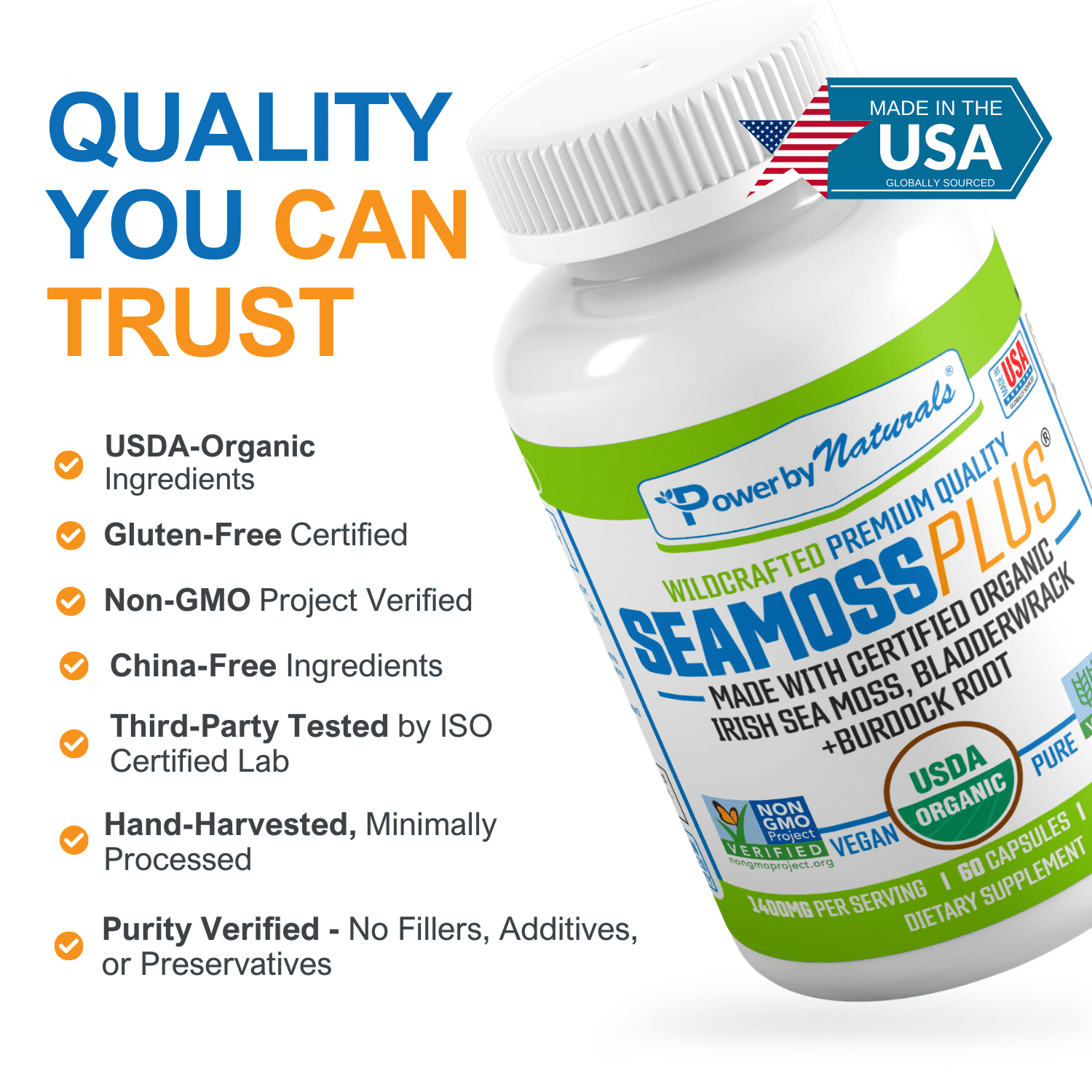Power Organic Sea Moss, Bladderwrack & Burdock Root Supplement - Gut, Energy, Immune Support - 60 Capsules