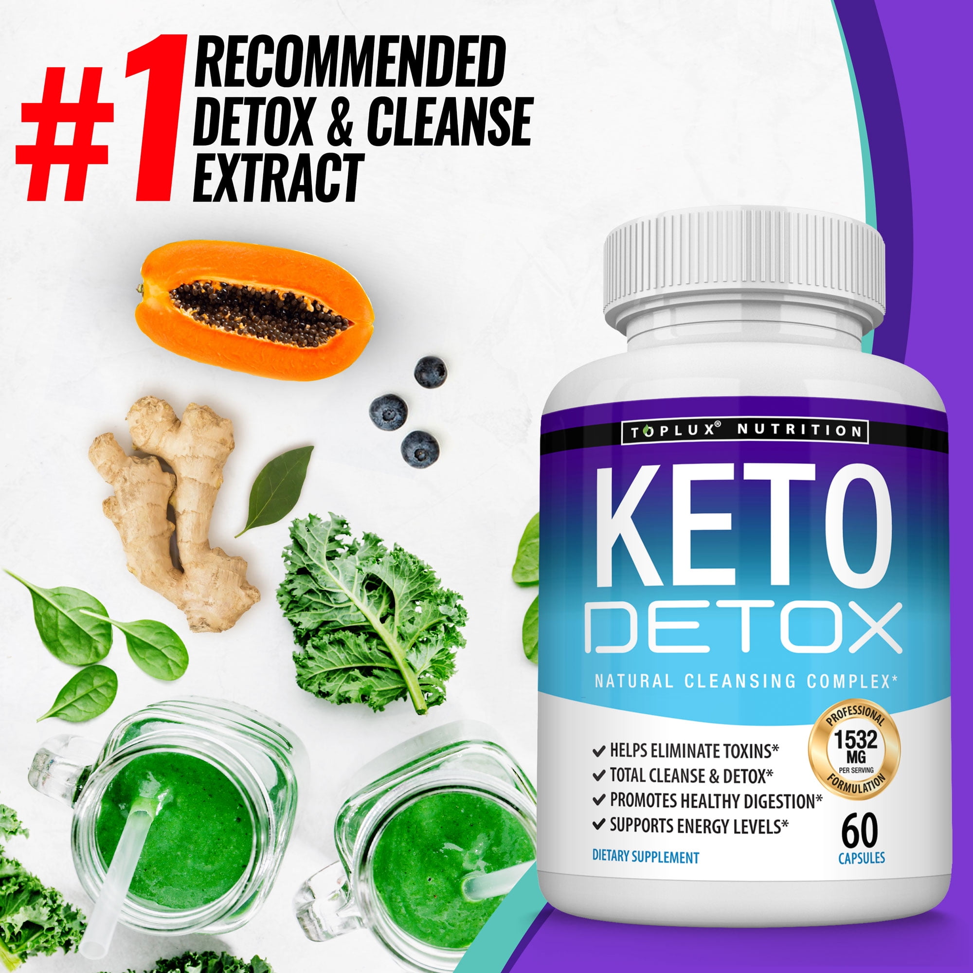 Toplux Natural Acai Colon Cleanser for Ketogenic Diet - Toplux Keto Detox 1532mg - 60 Capsules