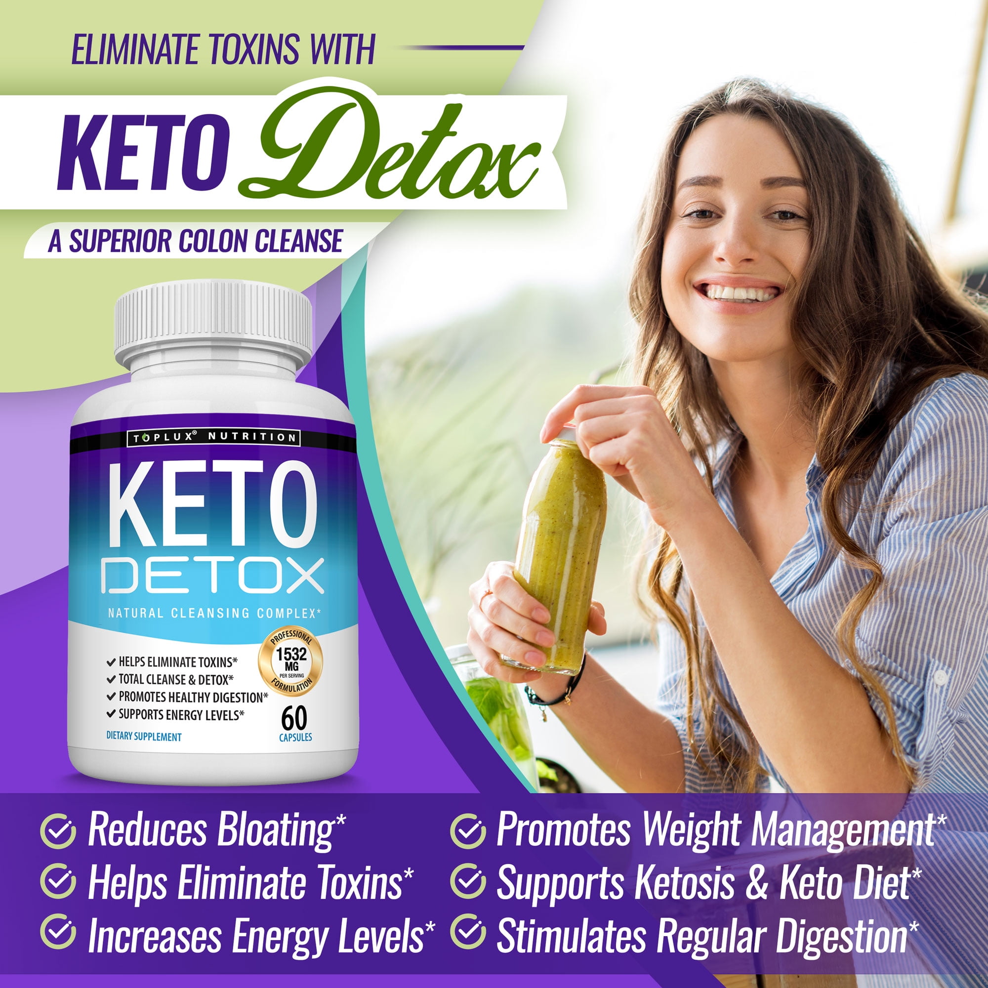 Toplux Natural Acai Colon Cleanser for Ketogenic Diet - Toplux Keto Detox 1532mg - 60 Capsules