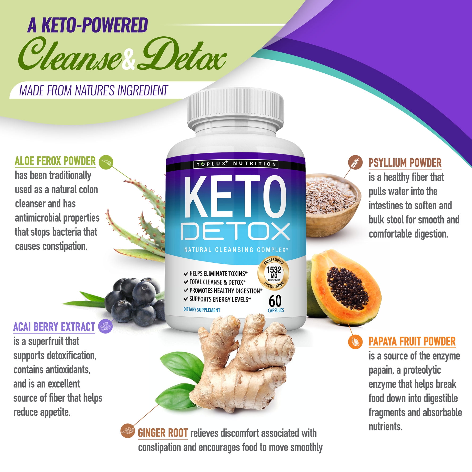 Toplux Natural Acai Colon Cleanser for Ketogenic Diet - Toplux Keto Detox 1532mg - 60 Capsules