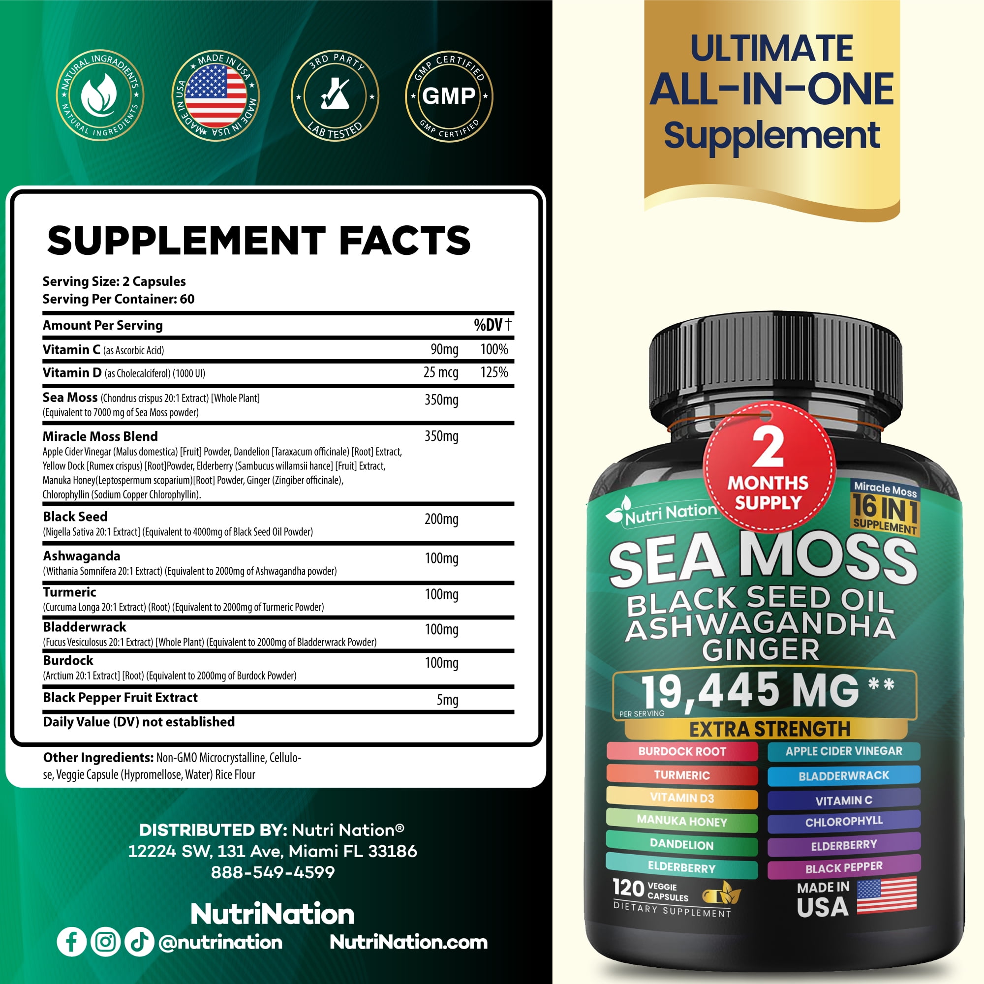 Nutri Nation 16-in-1 Sea Moss Black Seed Oil Supplement - 2 Bottles