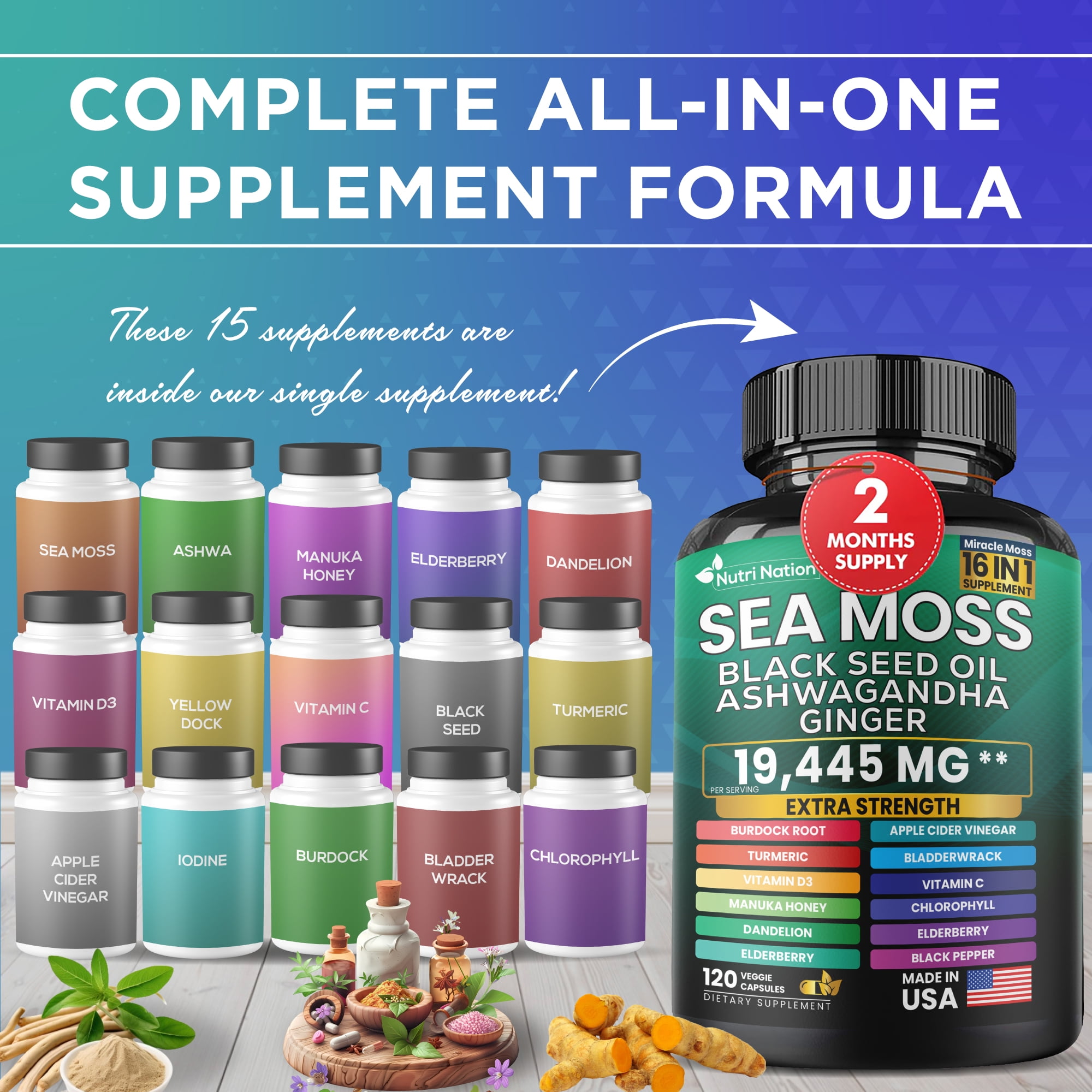 Nutri Nation 16-in-1 Sea Moss Black Seed Oil Supplement - 2 Bottles