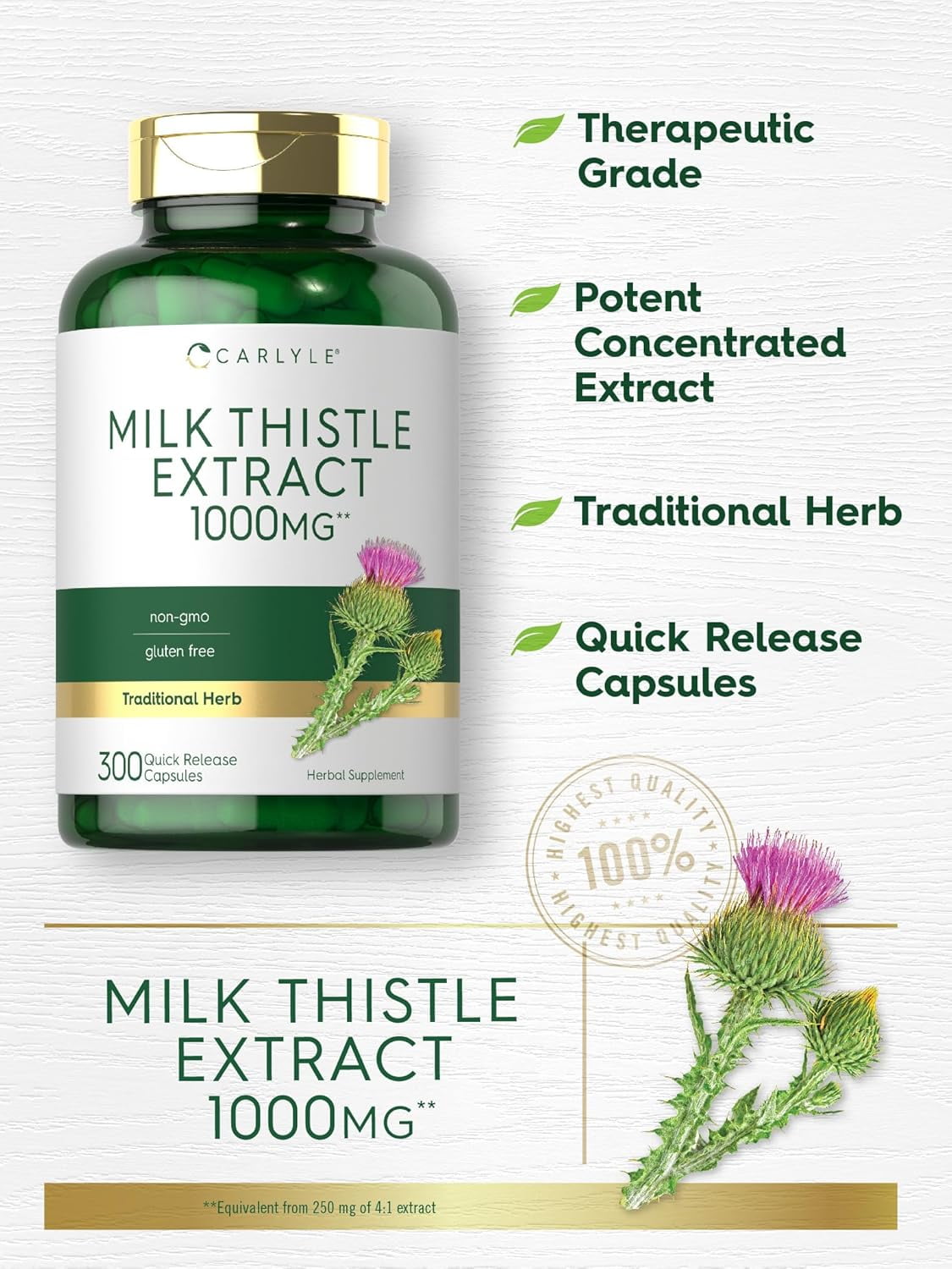 Carlyle Milk Thistle 1000mg Extract Capsules - 300 Count for Men and Women