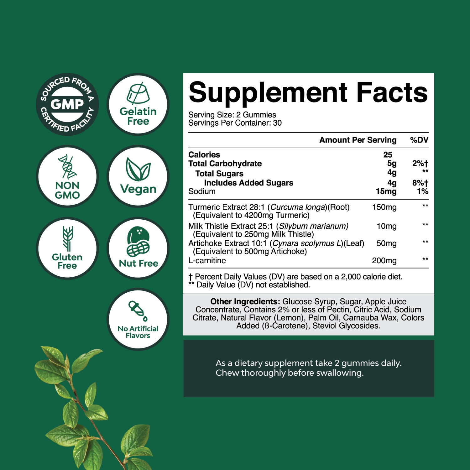 Natures Craft Herbal Liver Detox Gummies with Milk Thistle & Turmeric - Vegan & Non-GMO - Sweet Lemon (30 Servings)